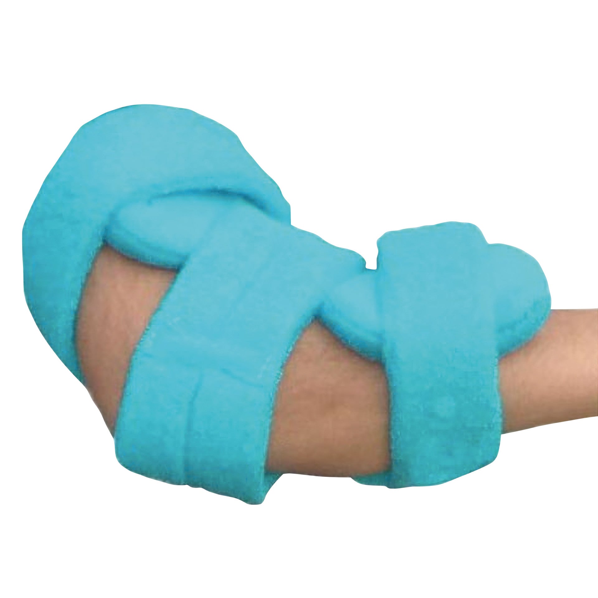 A child's elbow is fitted with a Comfy Splints Pediatric Spring-Loaded Goniometer Elbow Orthosis. The brace is bright blue.
