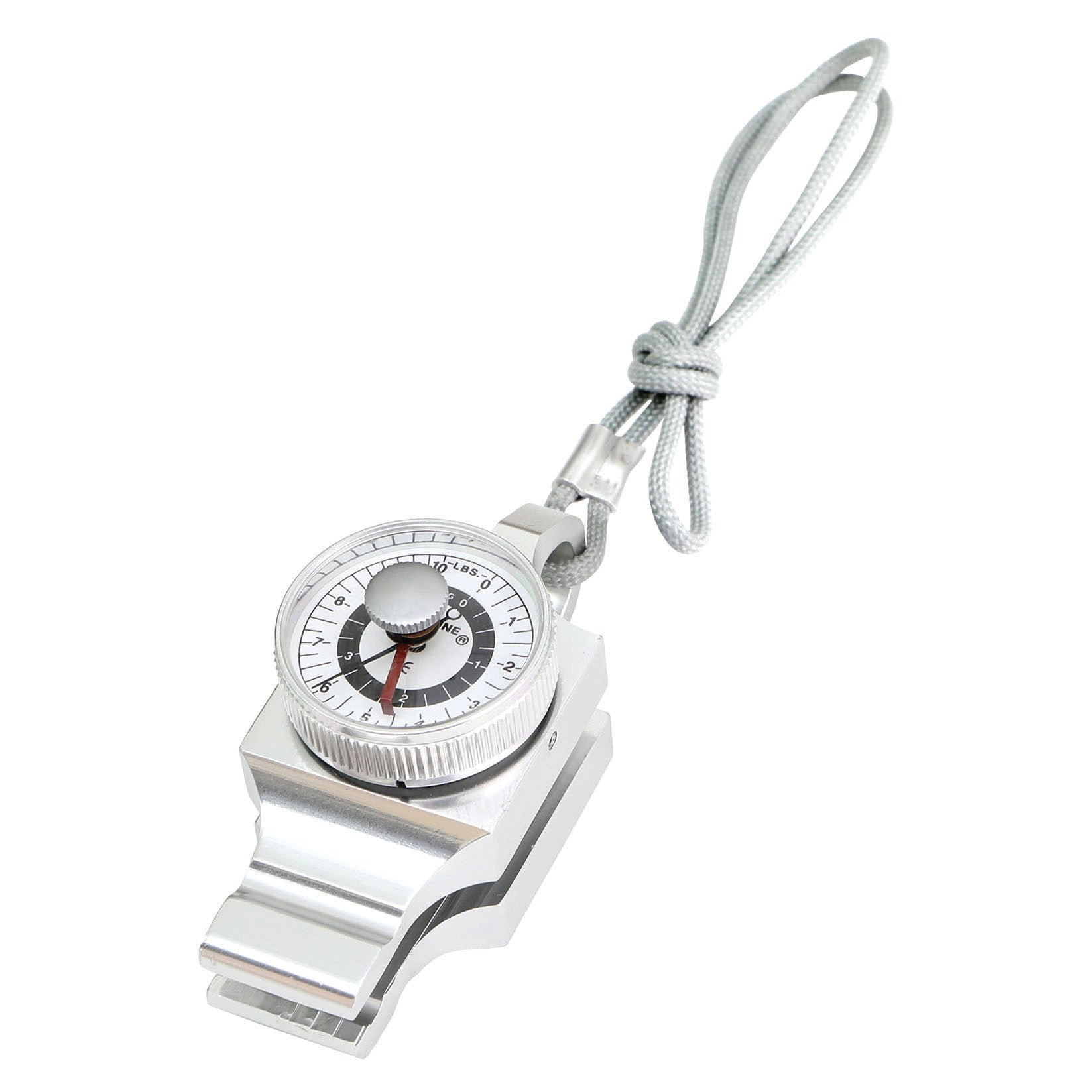 A Baseline Pinch Gauge with a round dial, metal clip, and attached looped cord, used for measuring grip strength.