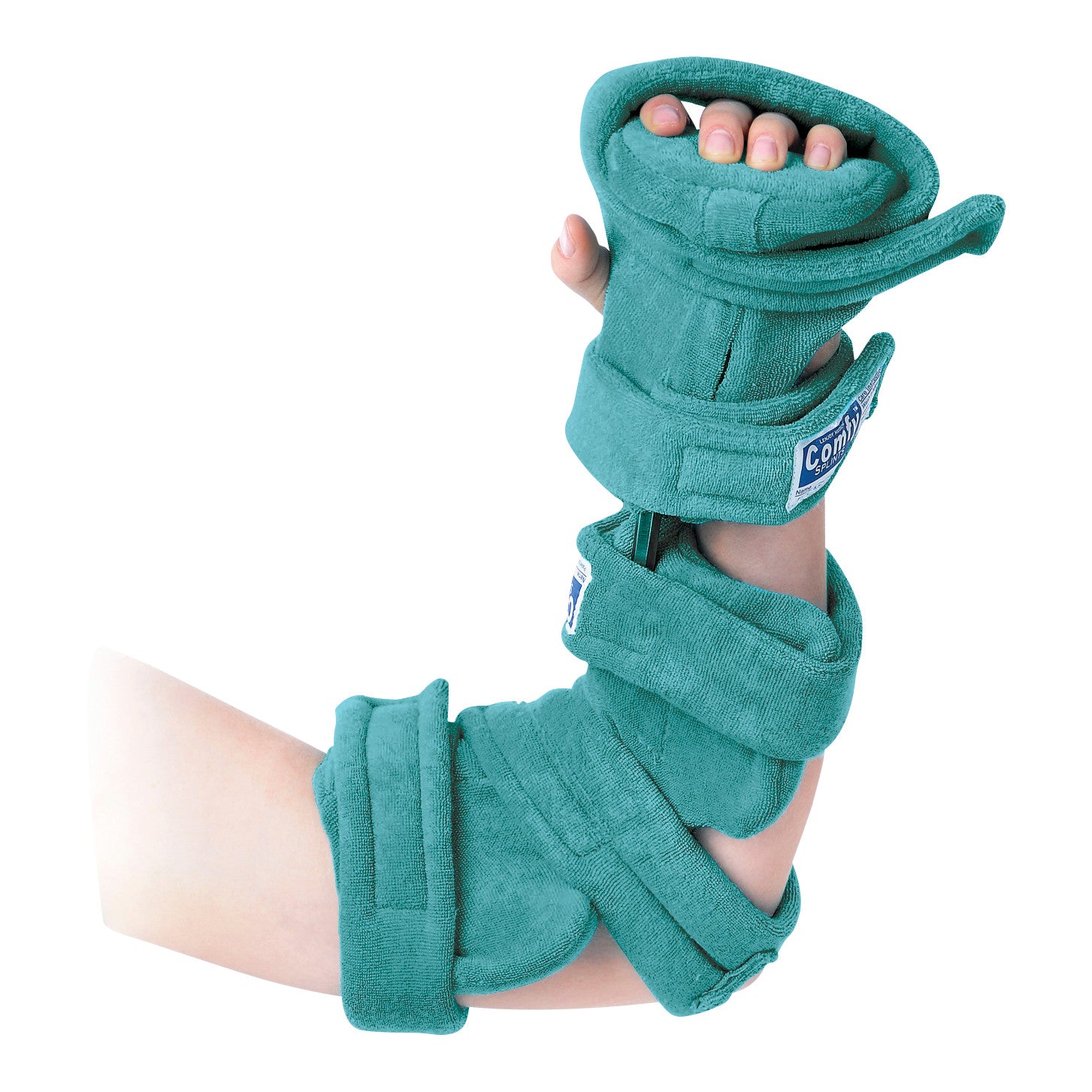 A child's arm is secured in a green Comfy Splints Spring-Loaded Goniometer Elbow and Full Hand Orthosis for support.