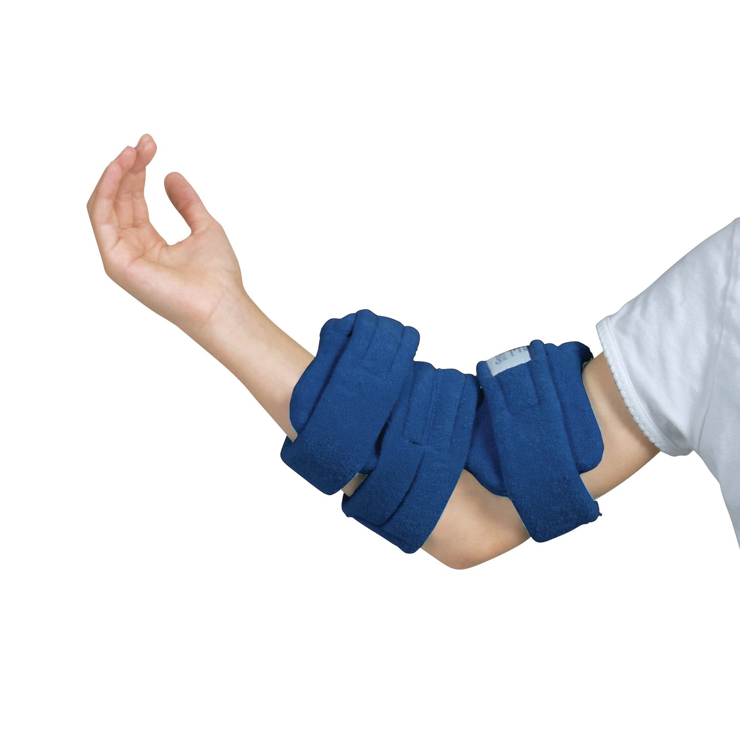 A child's arm wearing the Comfy Splints Standard Elbow Orthosis, featuring blue padded supports and adjustable fasteners.