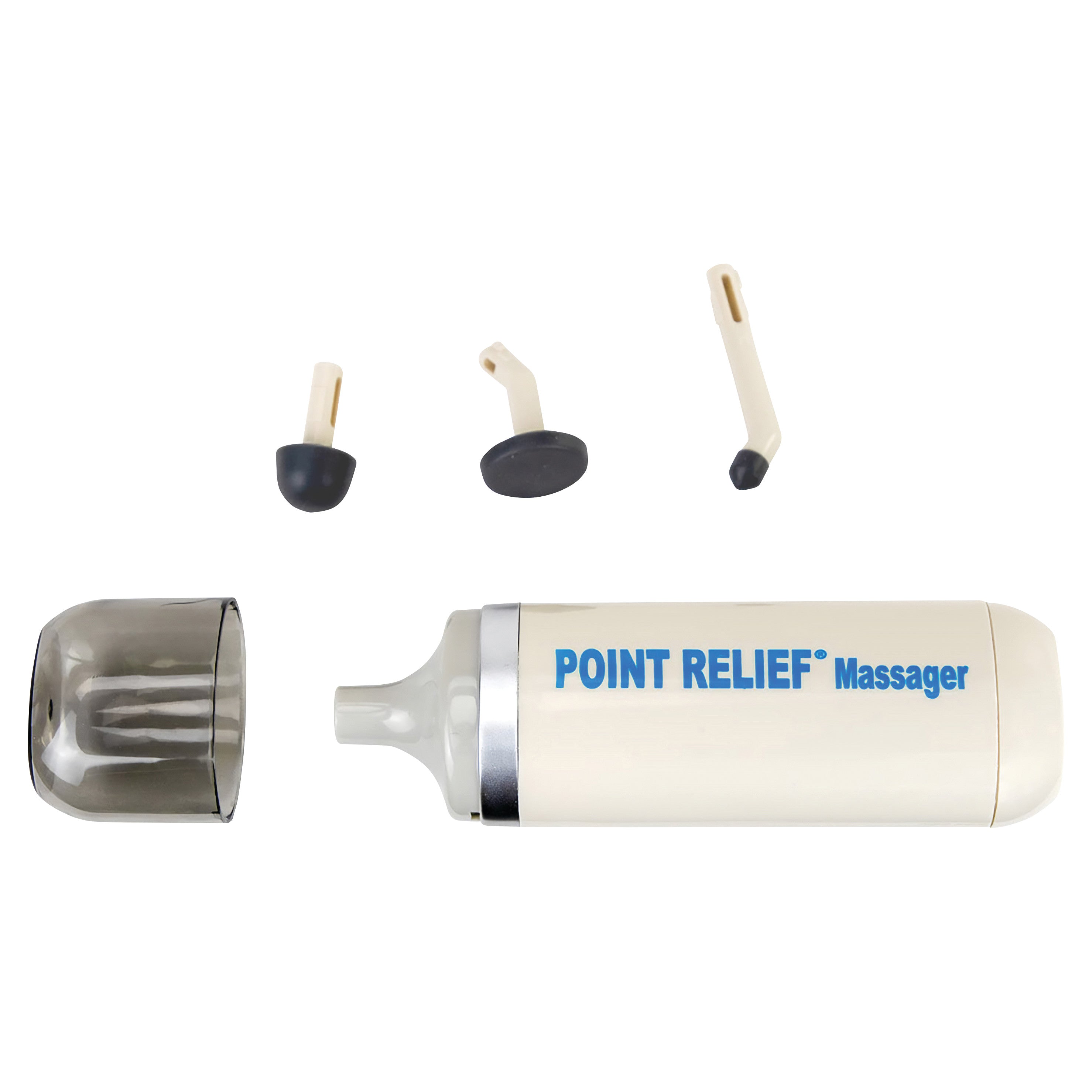 Point Relief Massager with three interchangeable attachments and a removable cover, designed for targeted pain relief therapy.