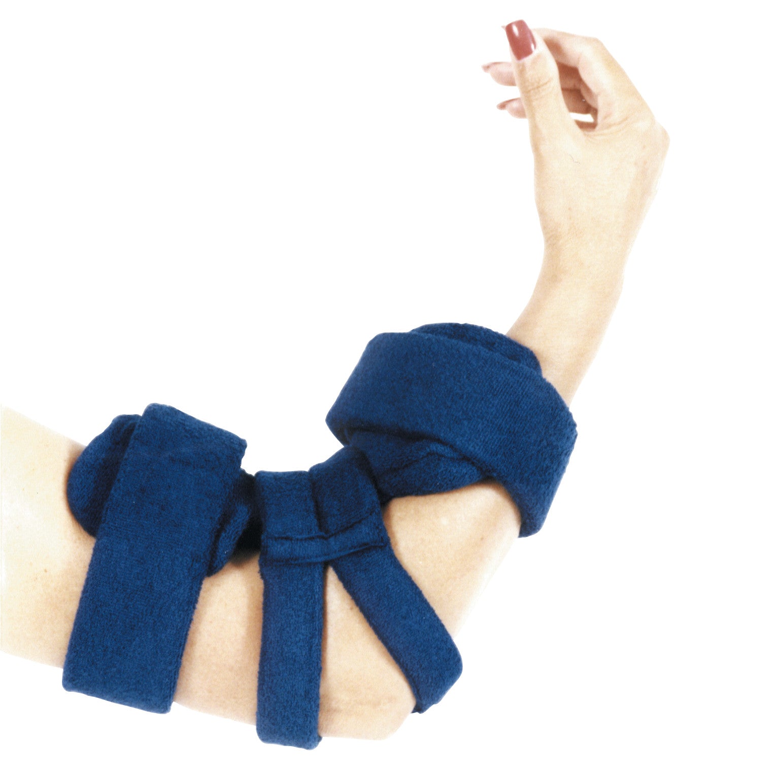 A person's arm is wrapped with the Comfy Splints Adult Goniometer Elbow Orthosis in a blue padded material, supporting the elbow.