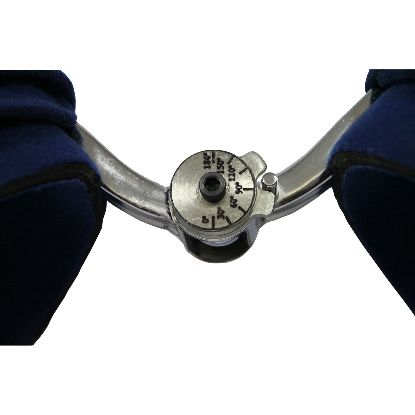 Close-up of the Comfy Splints Adult Goniometer Elbow Orthosis, showing its adjustable metal hinge with measurement markings.