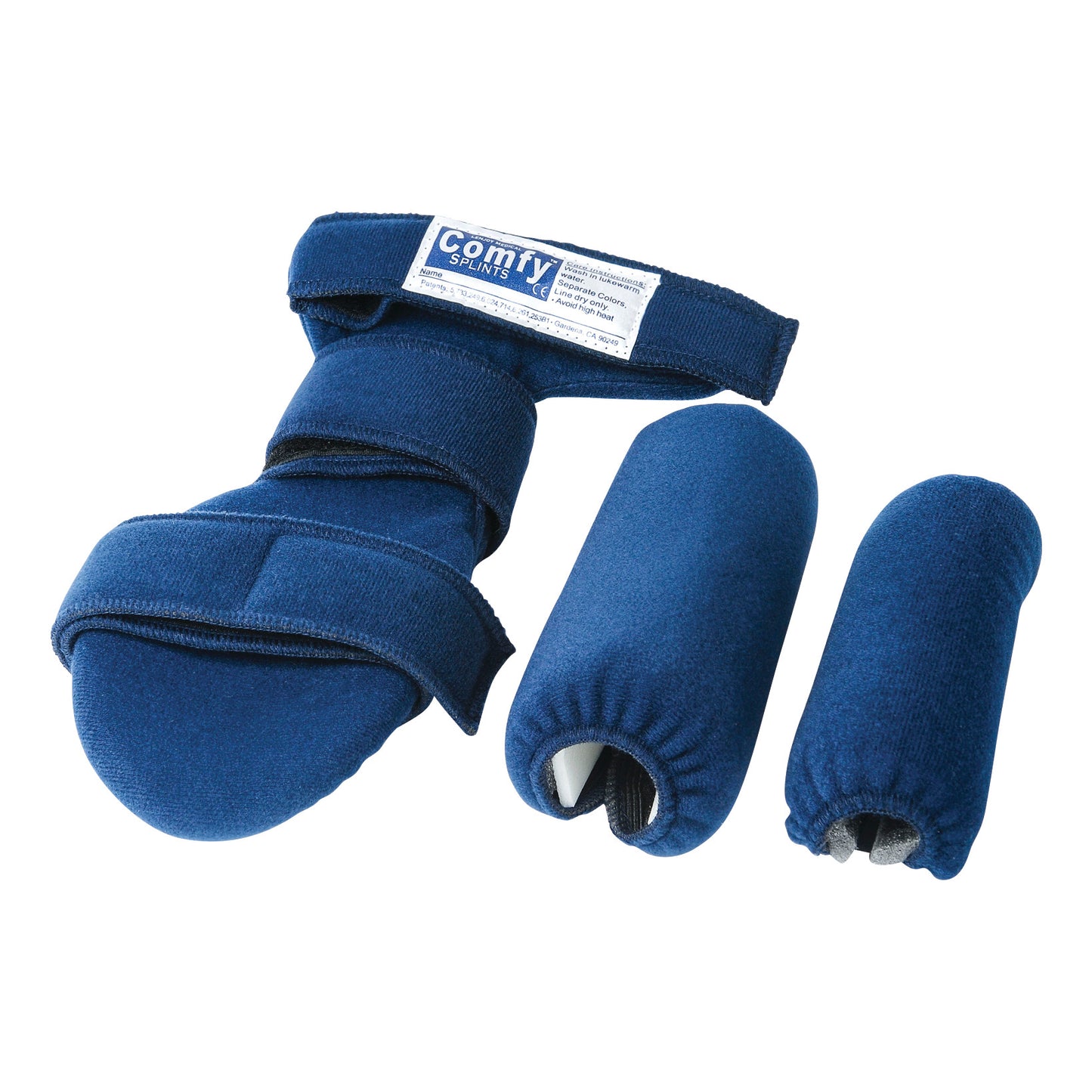 Comfy Splints Adult Grip Hand Orthosis in blue with two cylindrical foam pads, featuring adjustable straps for support.