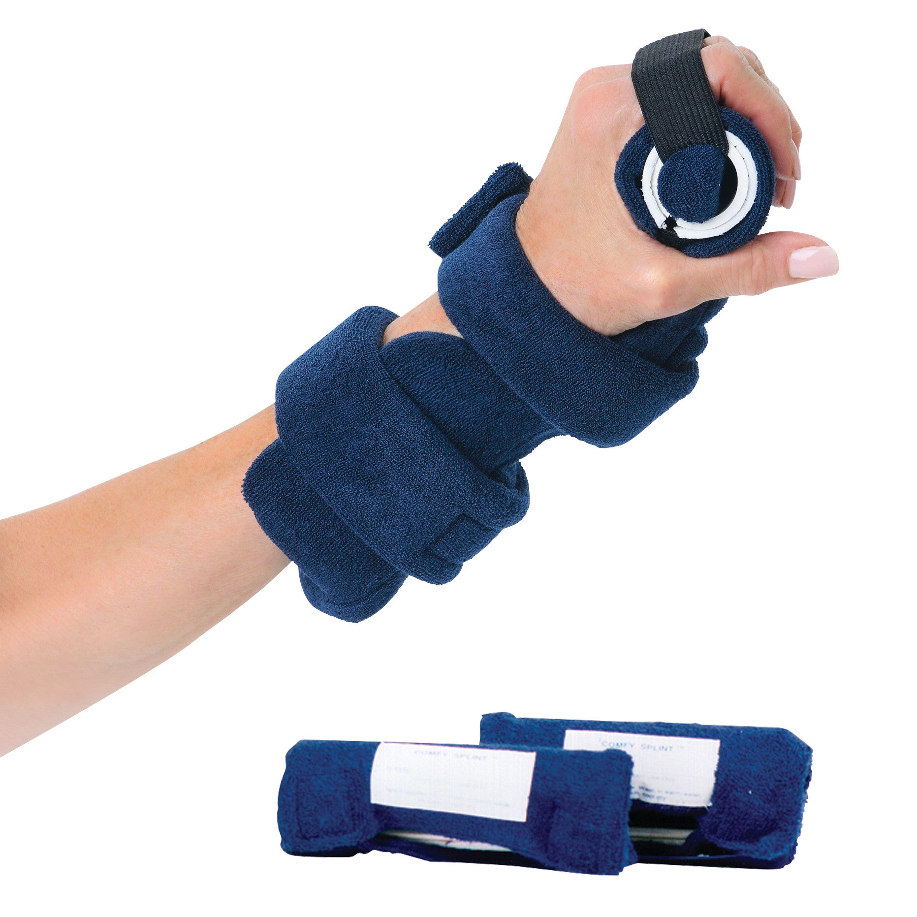 A hand wearing the Comfy Splints Adult Finger Extender Hand Orthosis in navy blue, with wrapped padding and an adjustable strap.
