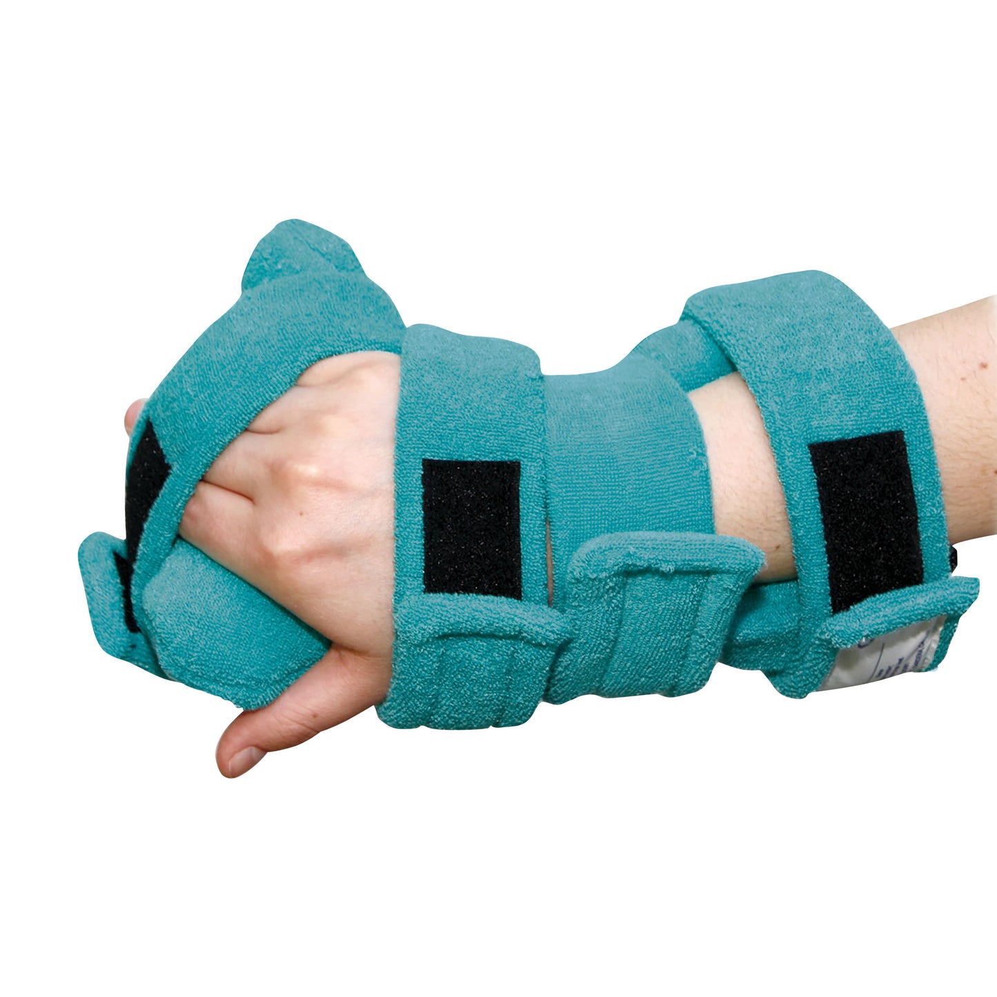 A hand wearing the Comfy Splints Pediatric 4-Strap Hand/Wrist Orthosis, featuring teal padding and black straps.
