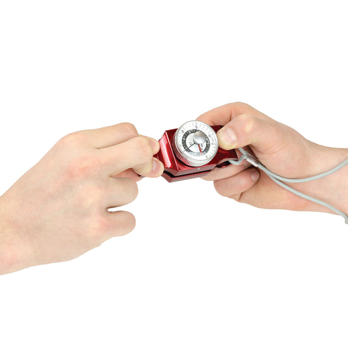 Two hands hold a red Baseline Pinch Gauge measuring grip strength, featuring a round dial and a wrist strap.