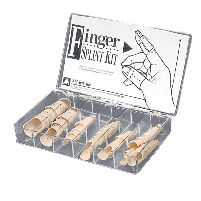 AliMed Stax-Type Splint Starter Kit with various beige finger splints in a clear plastic box featuring a diagram of proper usage.