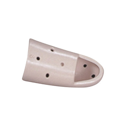 A beige AliMed Stax-Type Splint designed for finger support, featuring ventilation holes for breathability and comfort.