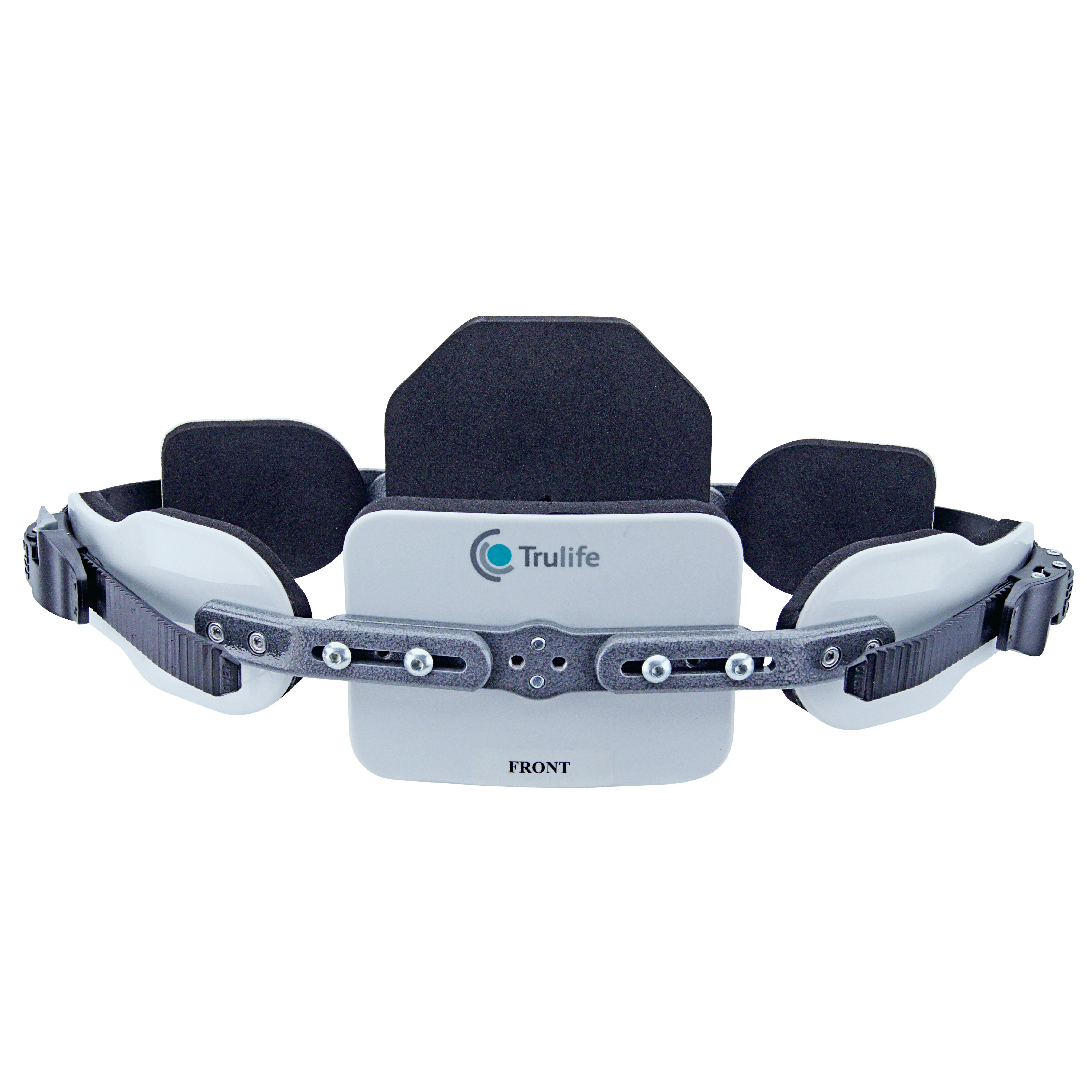 Trulife Pectus Carinatum Brace featuring adjustable straps and padding for support, labeled "FRONT," with a logo on the front panel.