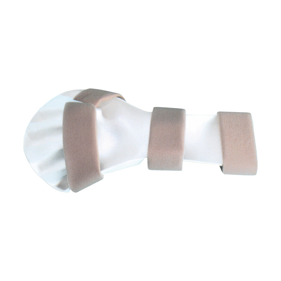 The AliMed Ball Splint is a white medical hand splint with beige padded straps, designed to support and immobilize the hand.