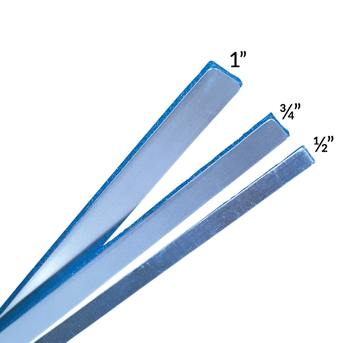 Three metallic Finger Strip Fracture Splints of varying widths, labeled 1", 3/4", and 1/2".