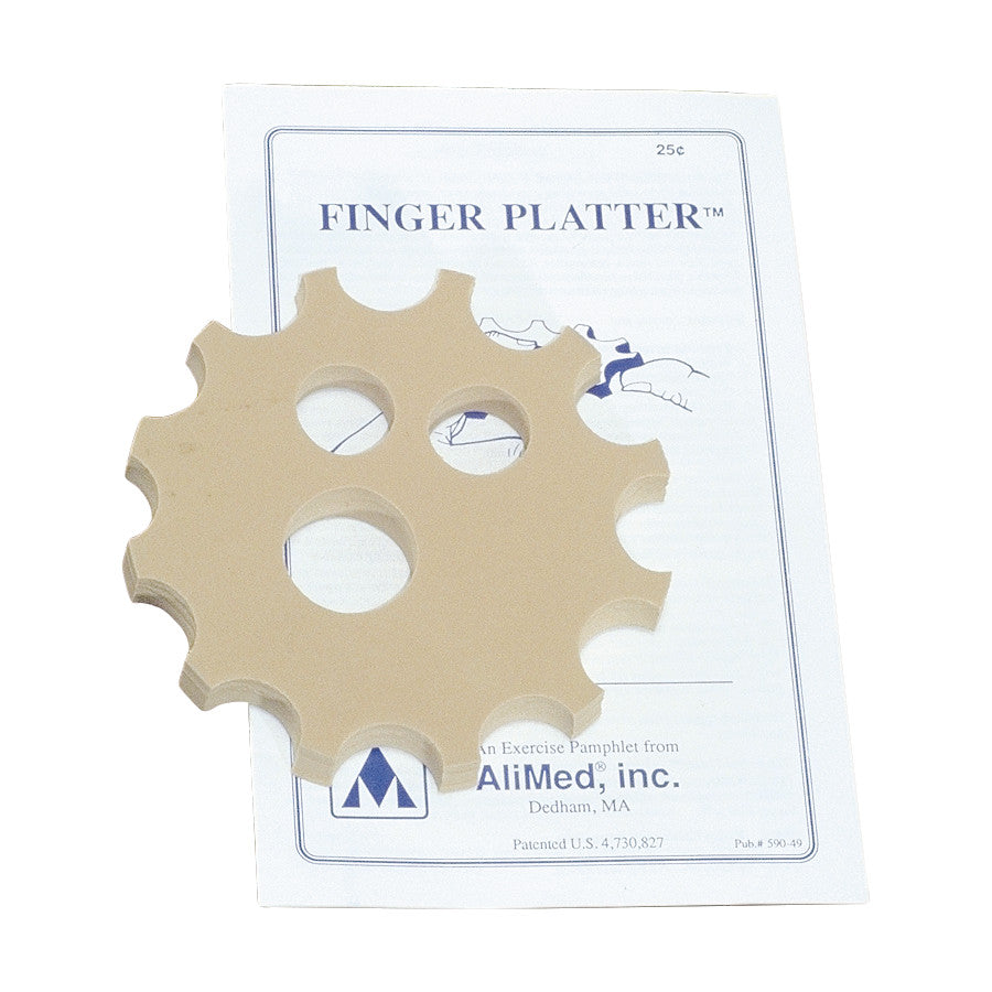 The AliMed Finger Platter Exercise Device, a beige, gear-shaped tool with finger holes, rests on an instructional pamphlet.