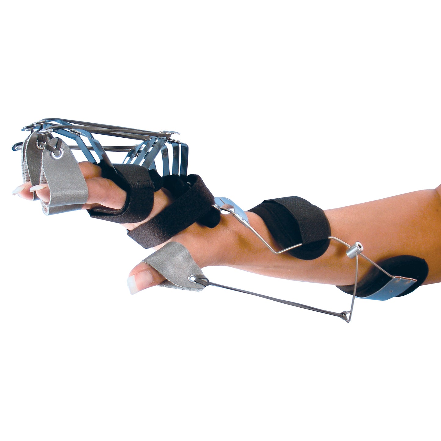 A person's hand wearing a Combination Spring Oppenheimer with Composite, an orthopedic device featuring metal springs and straps.