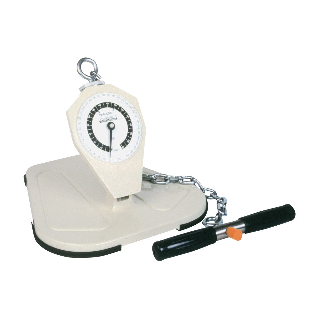 A Baseline Back-Leg-Chest Dynamometer with a dial gauge, chain, and handle on a flat base for measuring strength.