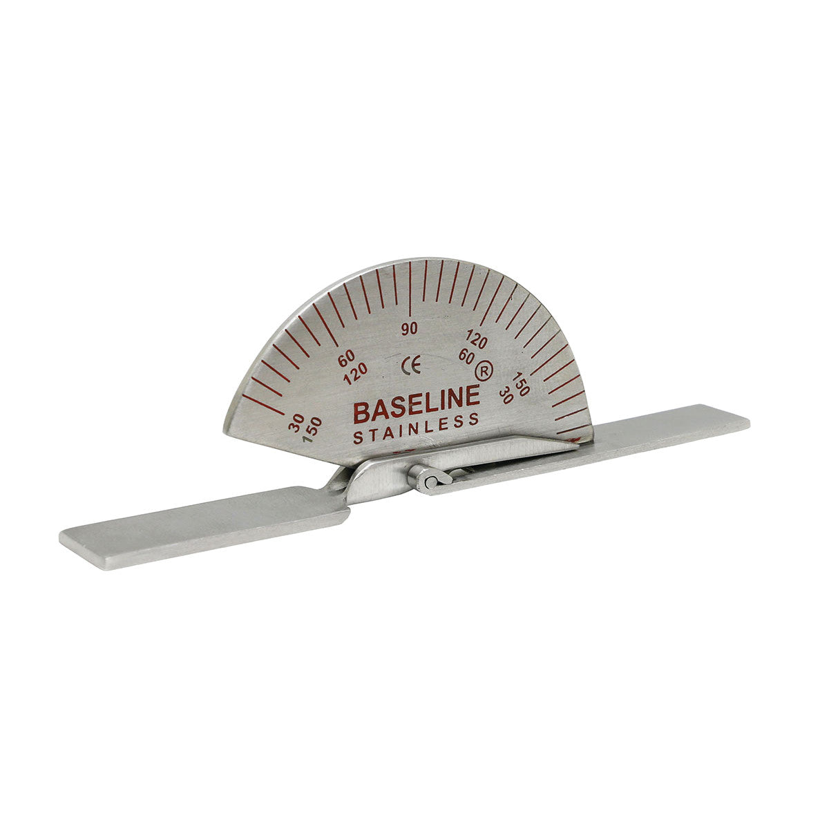 Baseline Stainless Steel Finger Goniometer with a semicircular protractor design and movable arms, used for measuring joint angles.