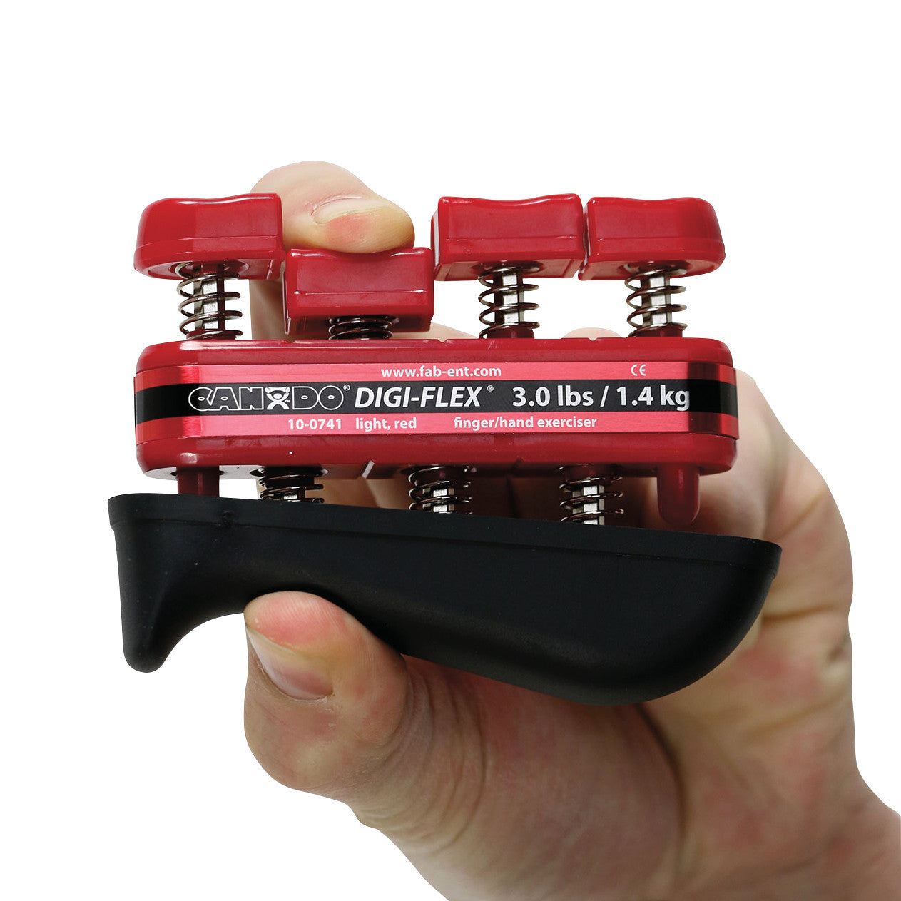 A person holds a red CanDo Digi-Flex Hand Exerciser Set with Stand, designed for finger and hand exercise with a resistance of 3.0 lbs.