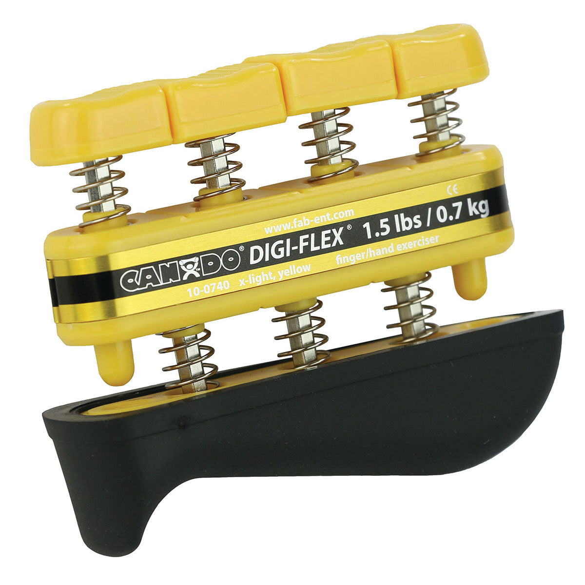 The CanDo Digi-Flex Hand Exerciser is a yellow, spring-loaded device designed for strengthening fingers and hands.