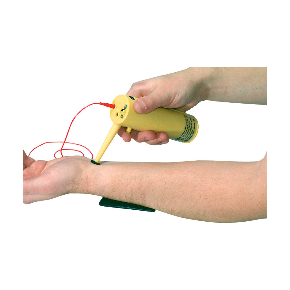 A person uses a Low-Volt Stimulator with a yellow handle on their forearm, connected by red wires.