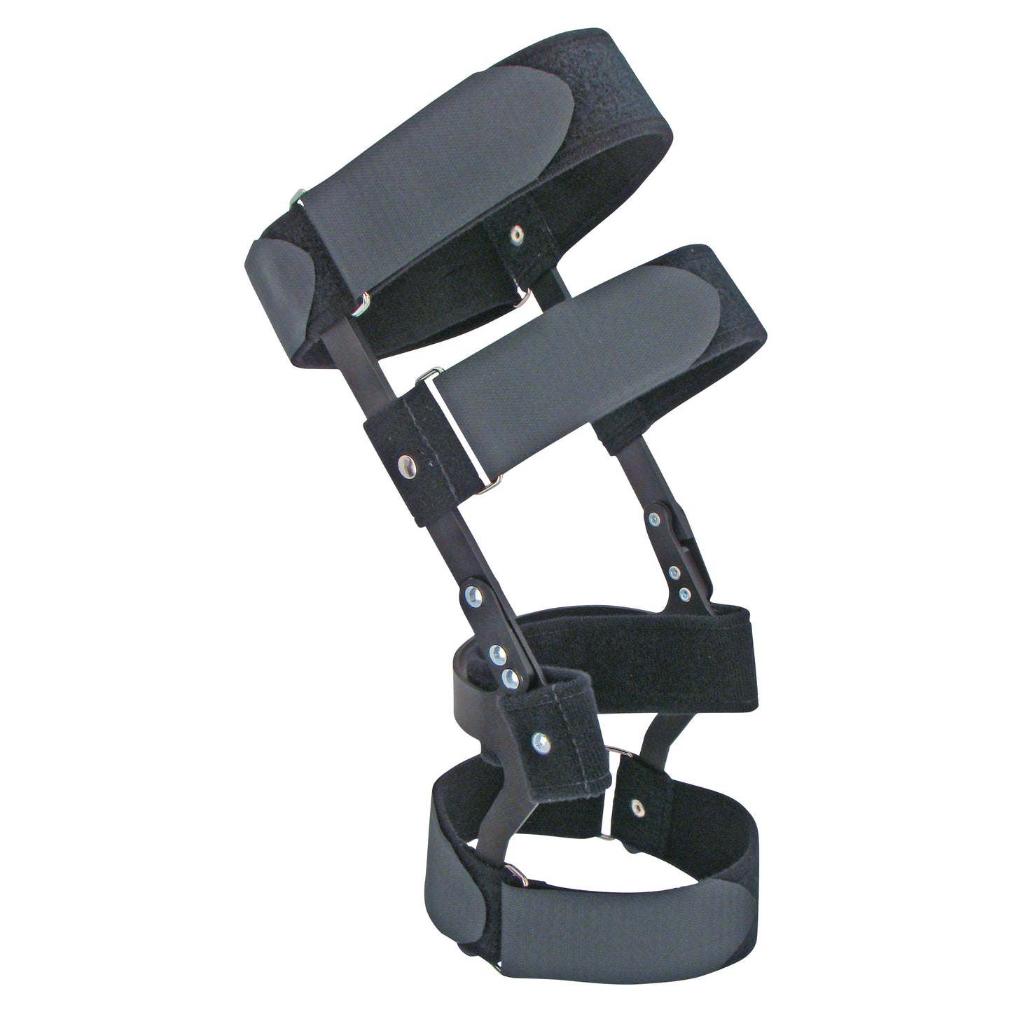 The Trulife Hinged Swedish Knee Cage is a black knee brace with metal hinges and adjustable straps for support and stability.