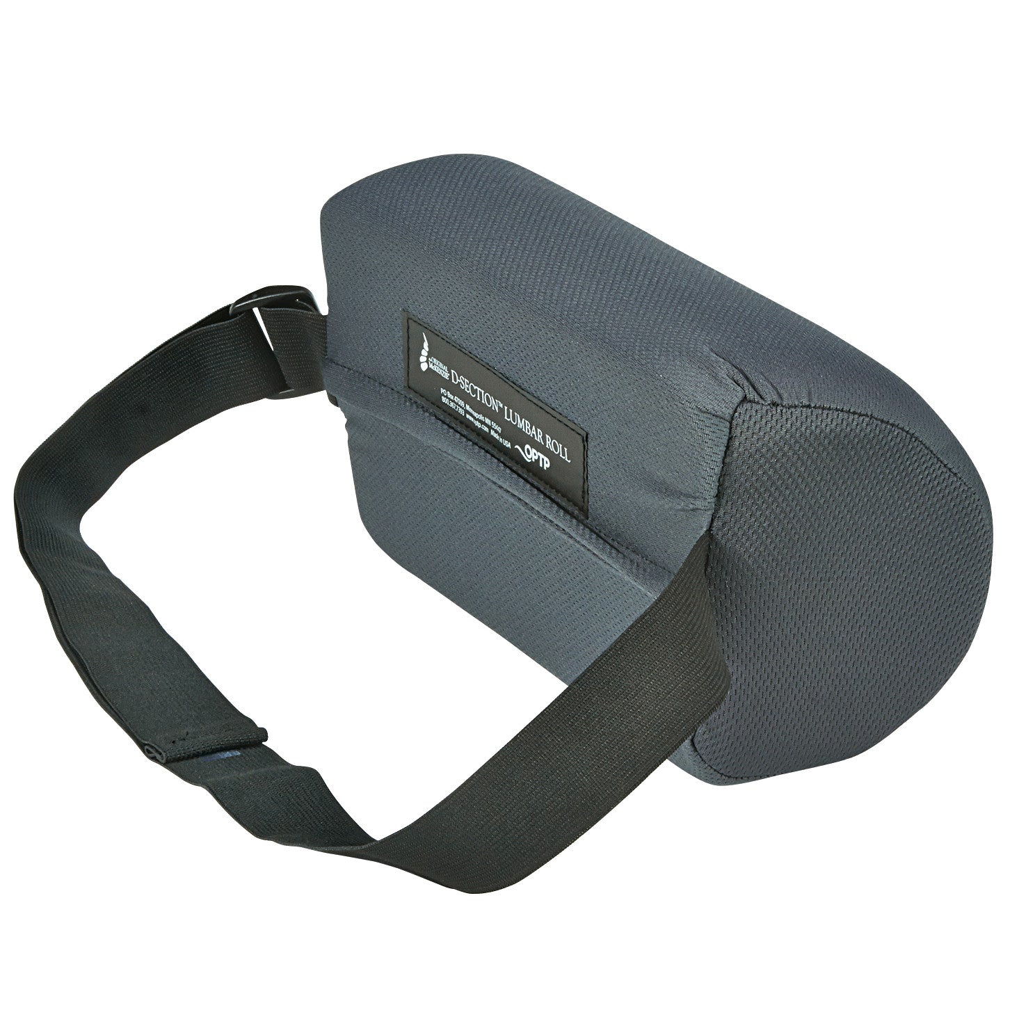The Original McKenzie D-Section Lumbar Roll is a dark gray cushion with an adjustable black strap for lumbar support.