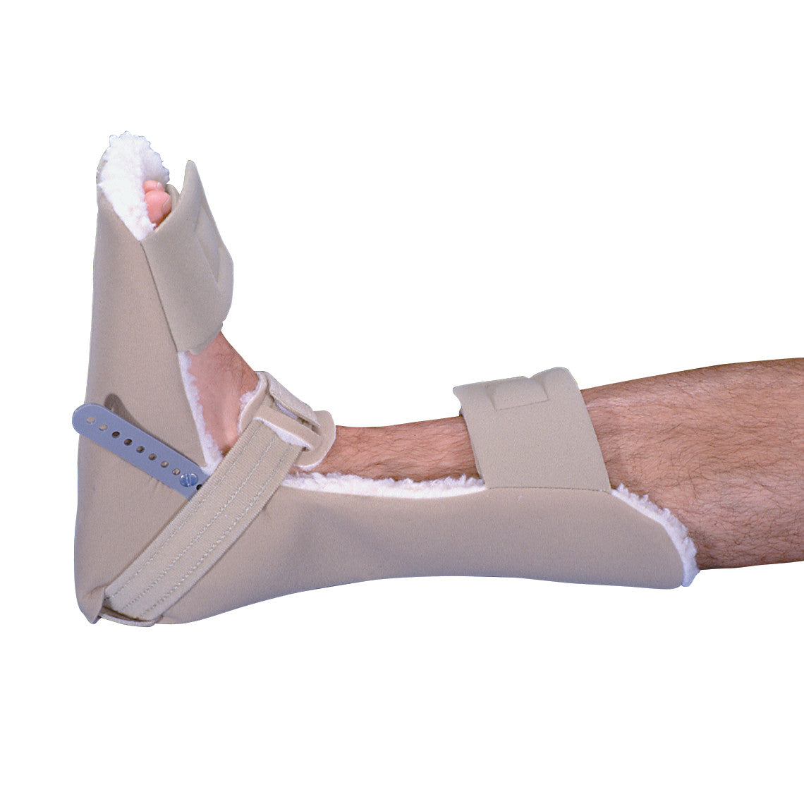 A person's leg wearing an AliMed Progressive Ankle Contracture Splint with adjustable straps and soft interior lining.