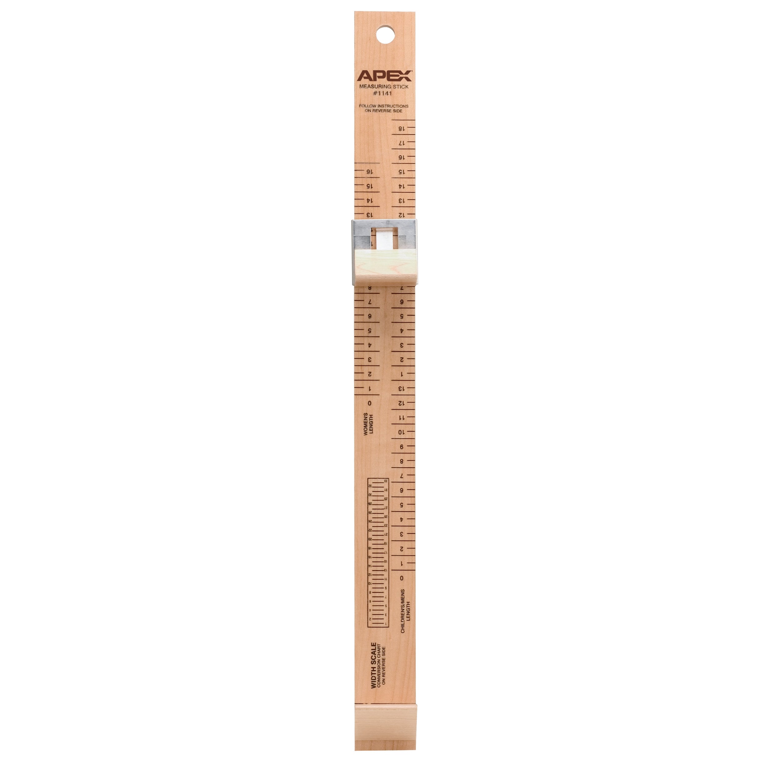The Apex Measuring Stick is a wooden ruler used for height measurement, featuring a sliding attachment and printed scales.