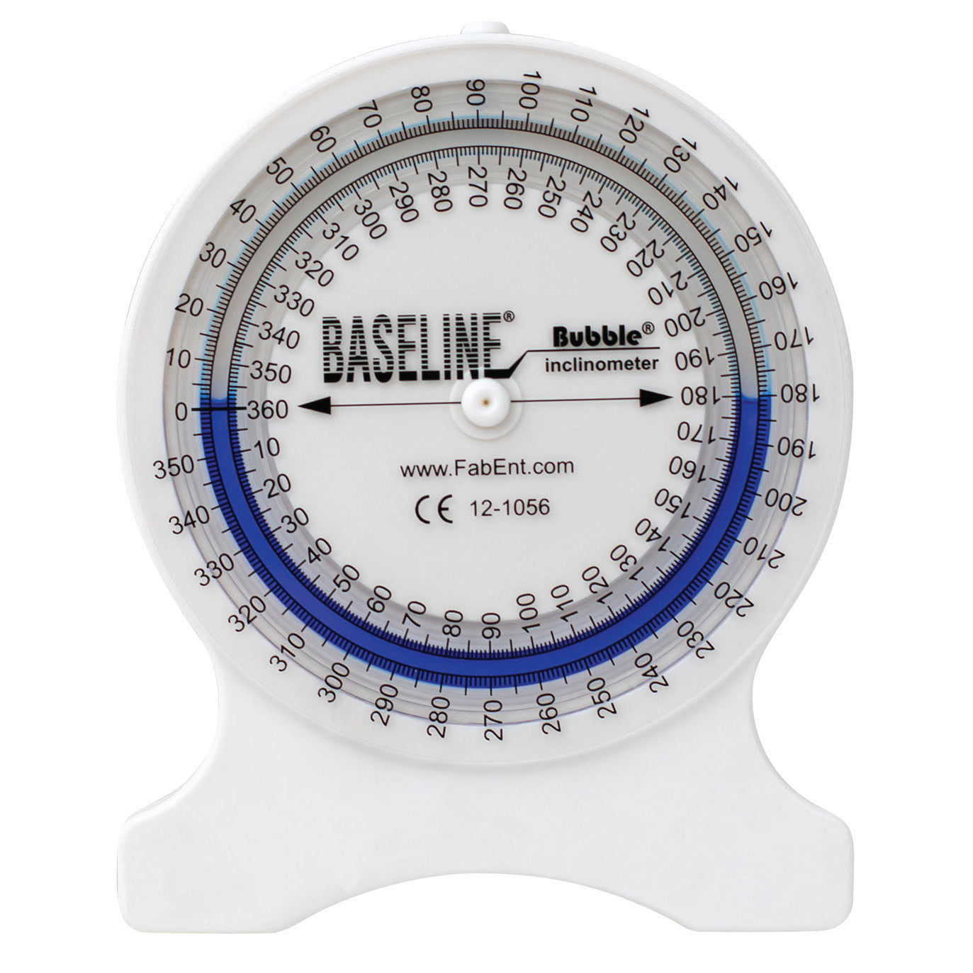 Baseline Bubble Inclinometer with a circular scale and blue liquid indicator for measuring angles, displayed on a white stand.