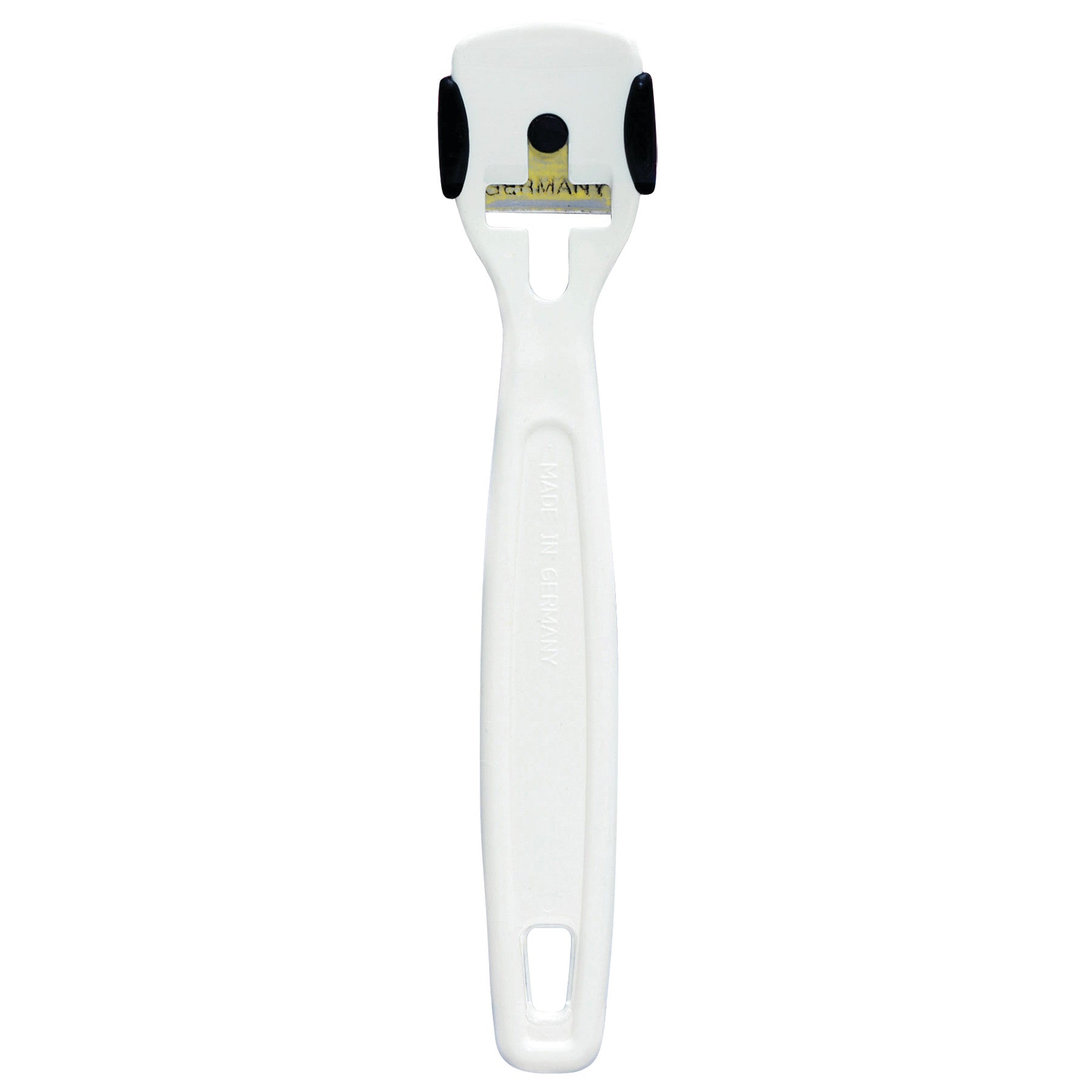 The Pedi-Quick Safety Corn and Callus Trimmer features a white handle and a metal blade, designed for removing corns and calluses.