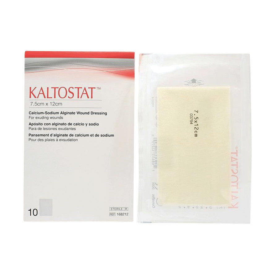 Convatec KALTOSTAT Calcium Alginate Dressing packaging, showing an unopened 7.5cm x 12cm dressing beside its box.