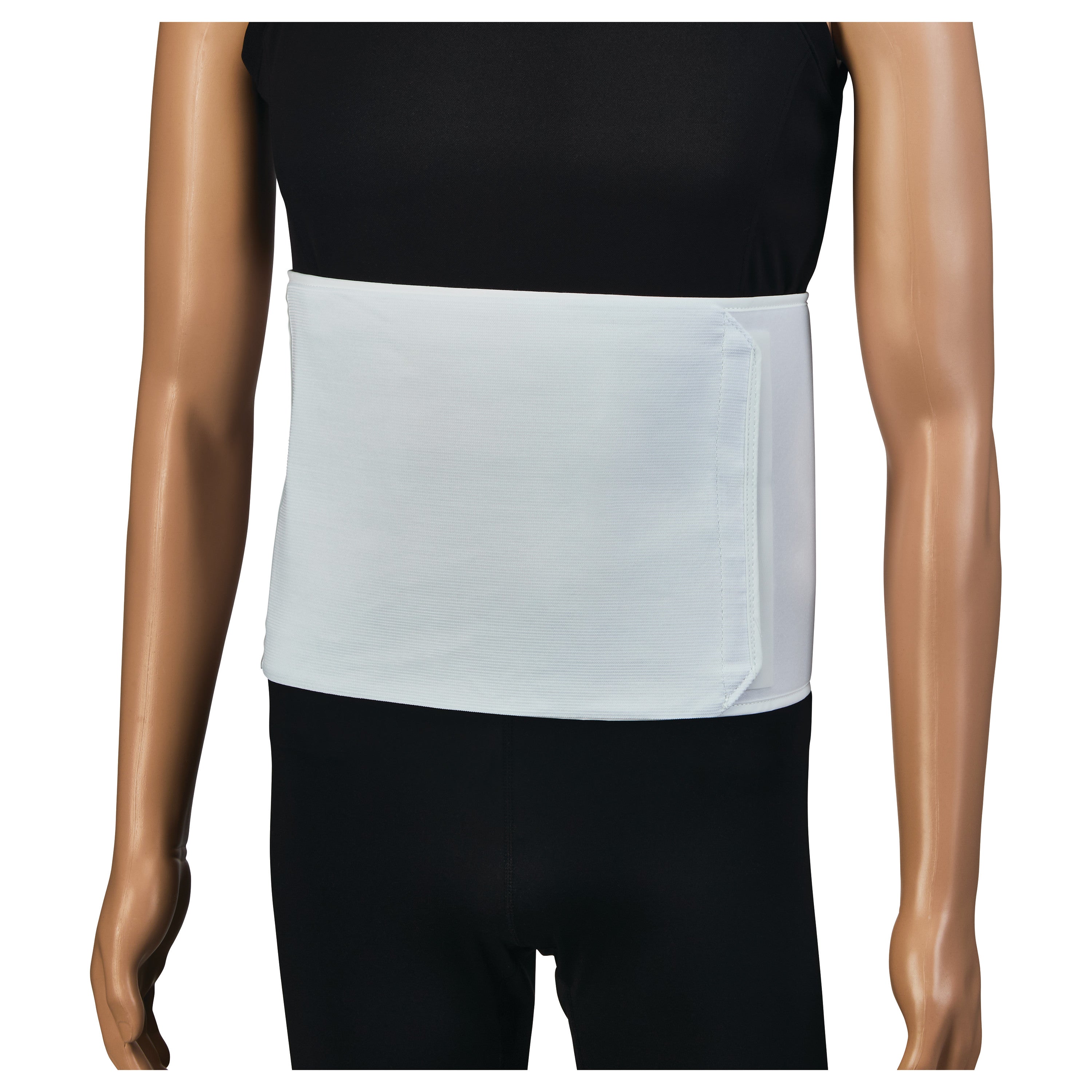 A mannequin wears an EZY Wrap Economy Universal Abdominal Binder, white, over a black outfit, covering the abdominal area.