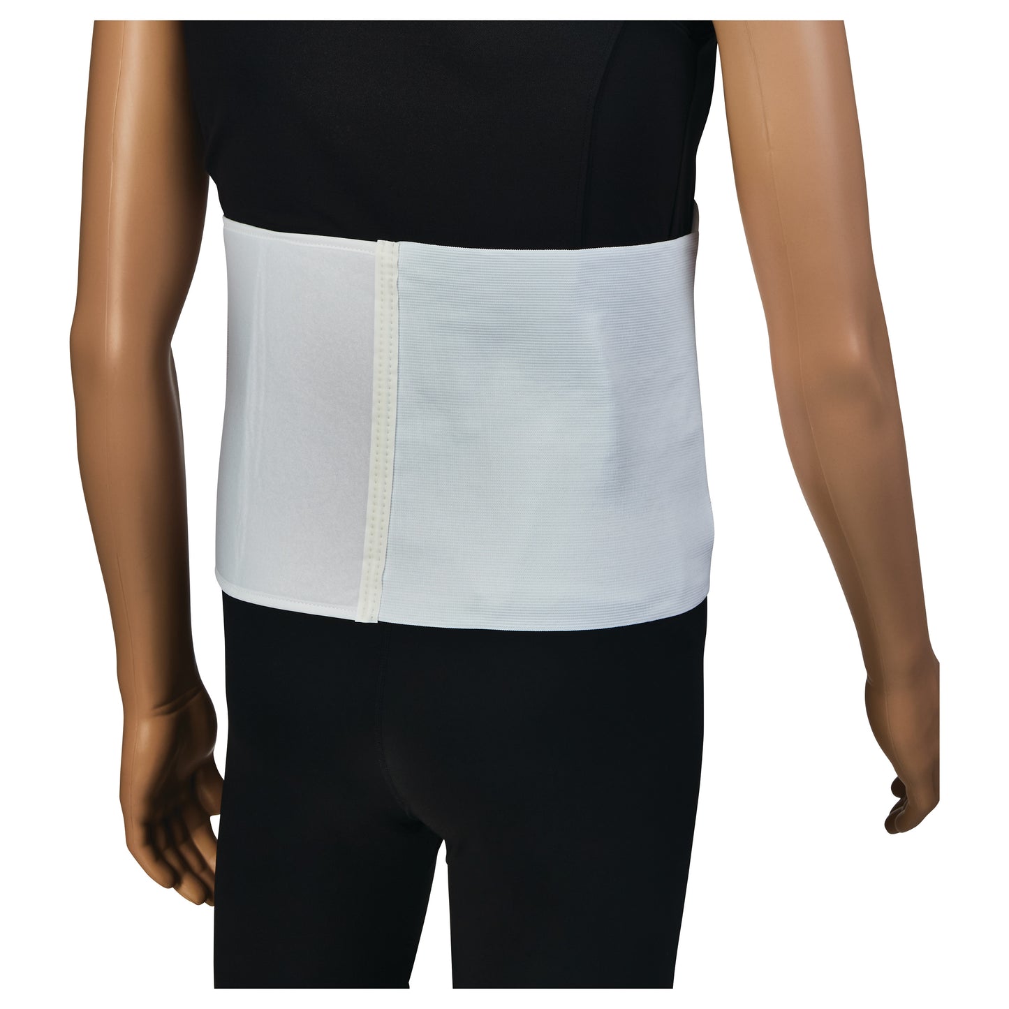 Person wearing the EZY Wrap Economy Universal Abdominal Binder, a white support belt, over a black outfit, seen from the back.