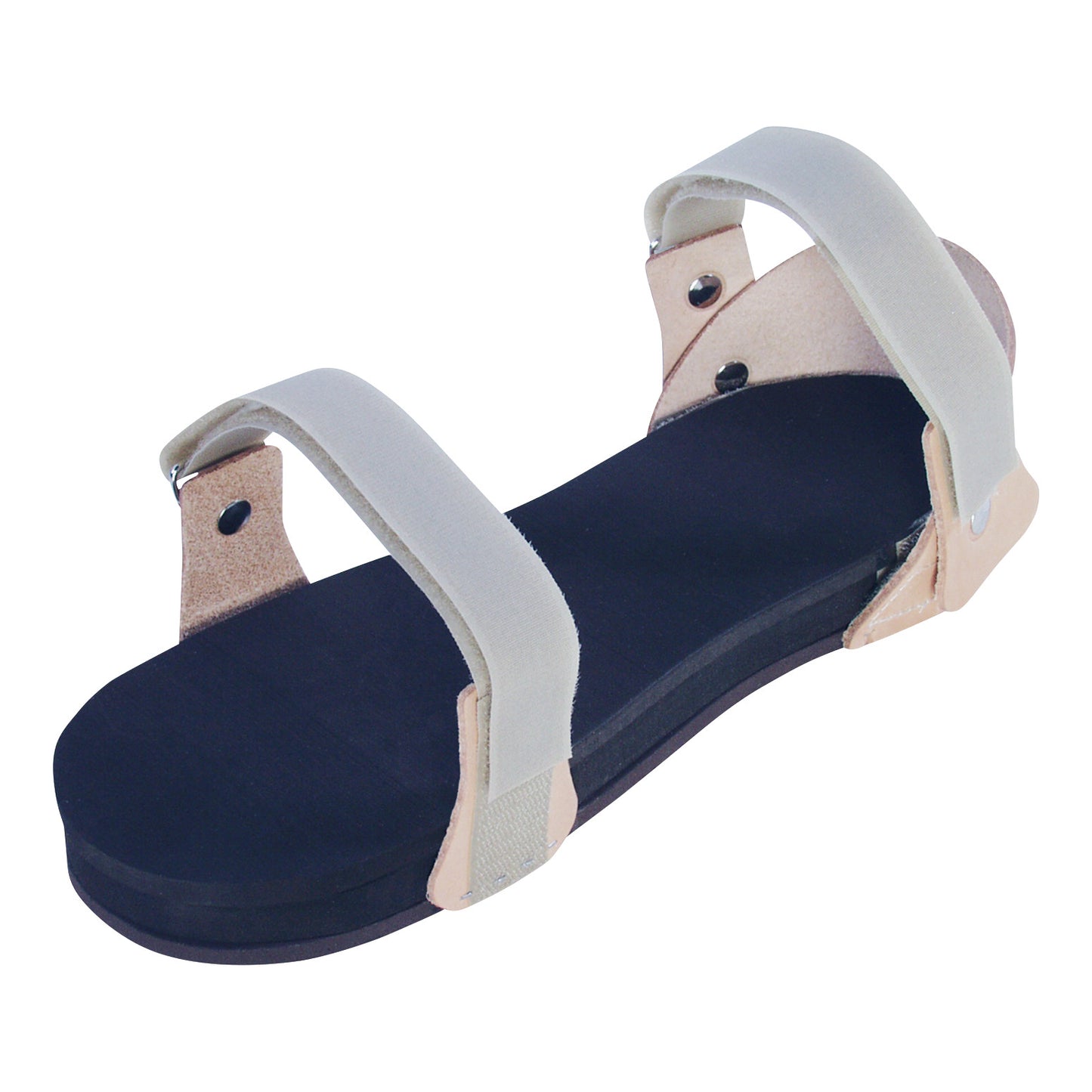 The Trial Elevation Sandal features a black footbed with adjustable beige straps and is designed to raise the heel for medical purposes.