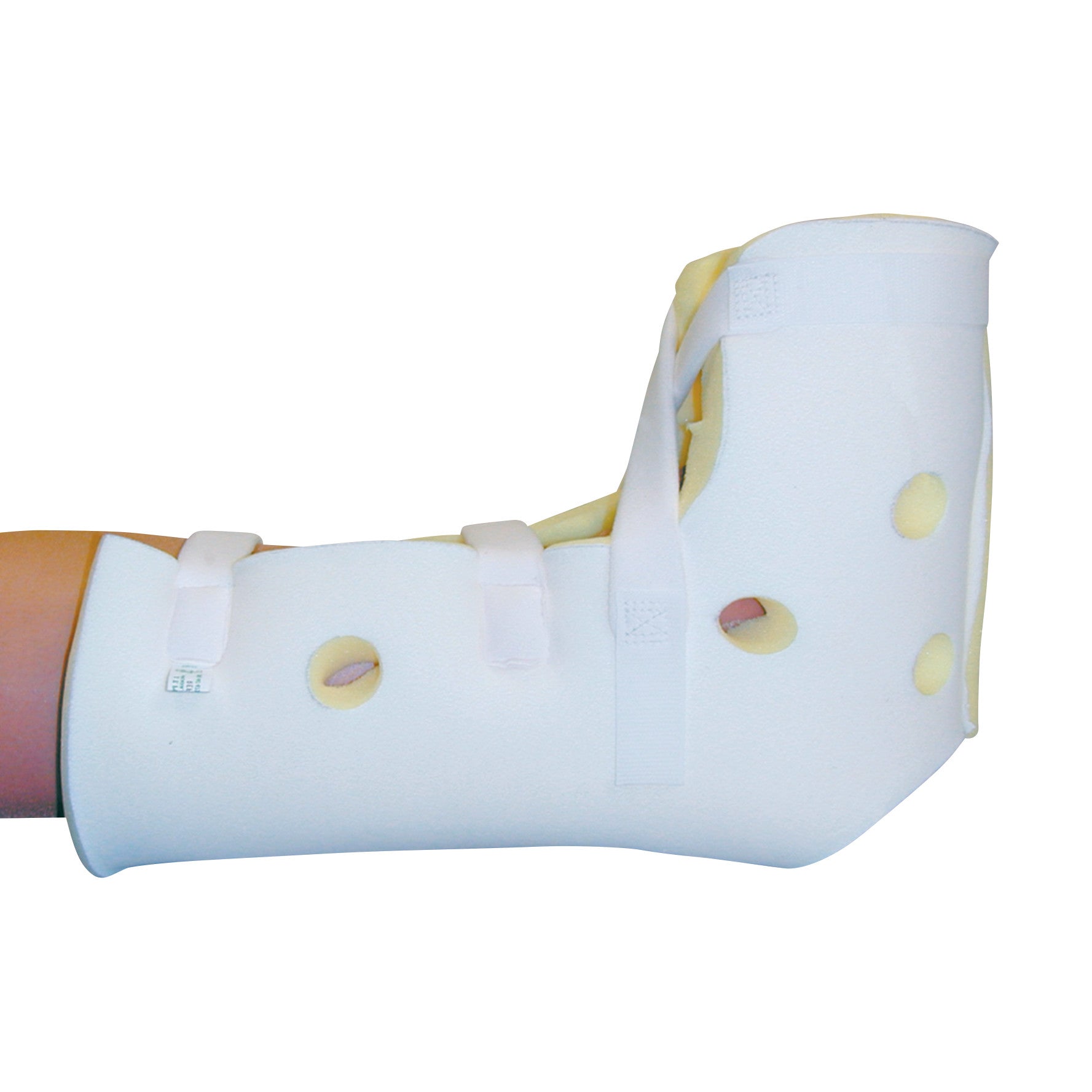 A patient's leg rests in a Posey Premium Heel Guard, a white foam boot with cutouts and straps for support and protection.