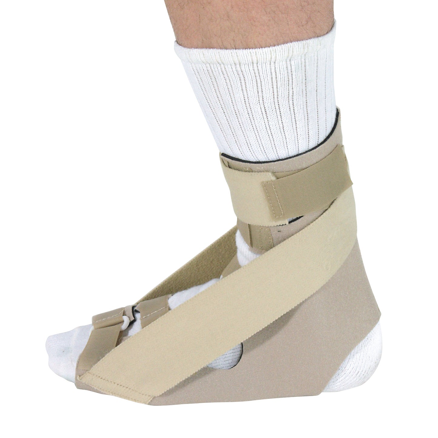A foot wearing the beige AliMed Soft PF Night Splint, with straps, over a white sock to support and stabilize the ankle.