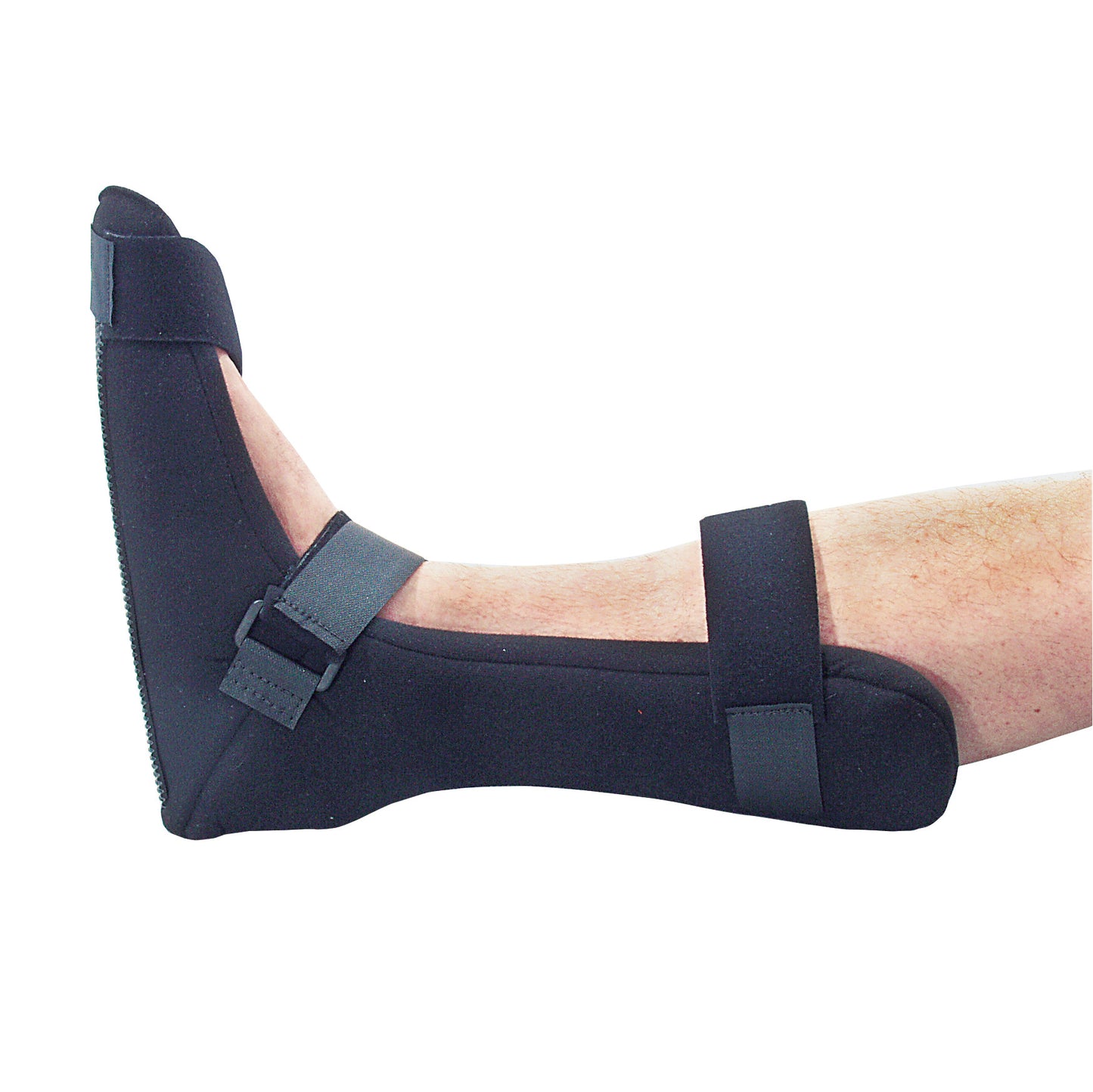 A leg wearing the AliMed FREEDOM Comfort Night Splint, featuring black fabric and adjustable strap closures to keep the foot in place.
