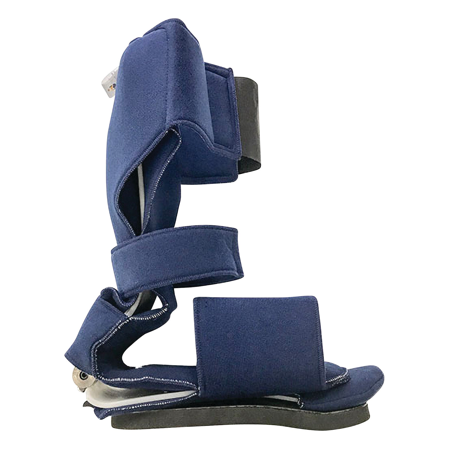 The Comfy Splints Adult Spring-Loaded Goniometer Ankle/Foot Orthosis is shown, featuring a blue padded design with adjustable straps.