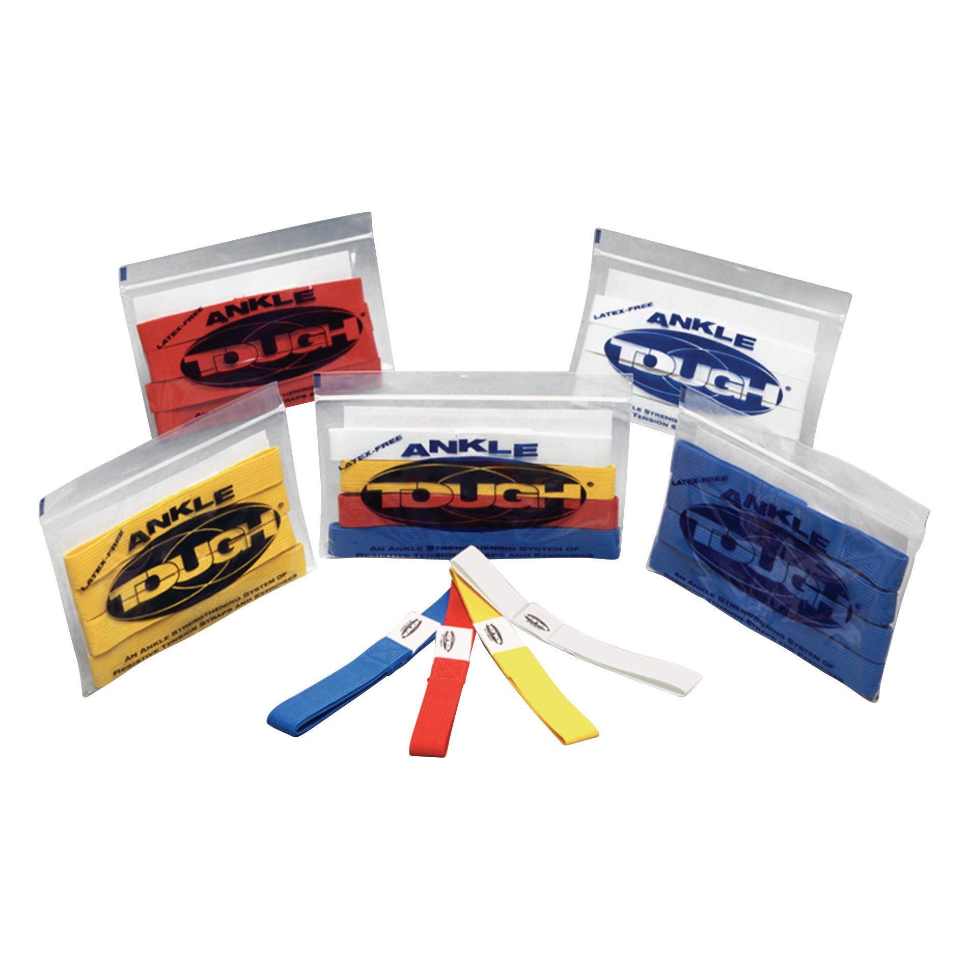 The AnkleTough Rehab System includes multi-colored resistance bands in clear packaging for ankle strengthening exercises.