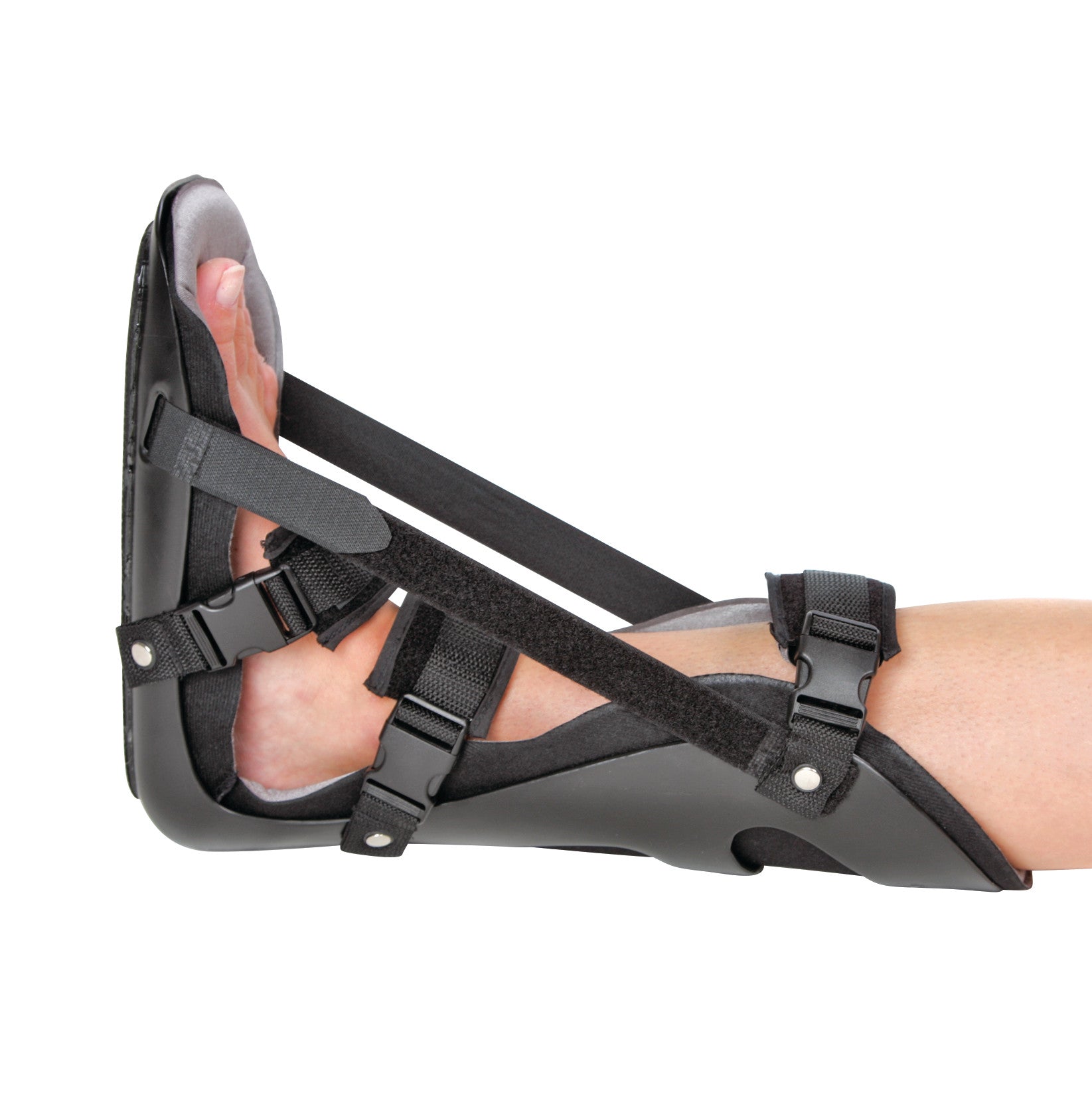 A foot is secured in an AliMed Classic Night Splint, which is black with adjustable straps and provides ankle support.
