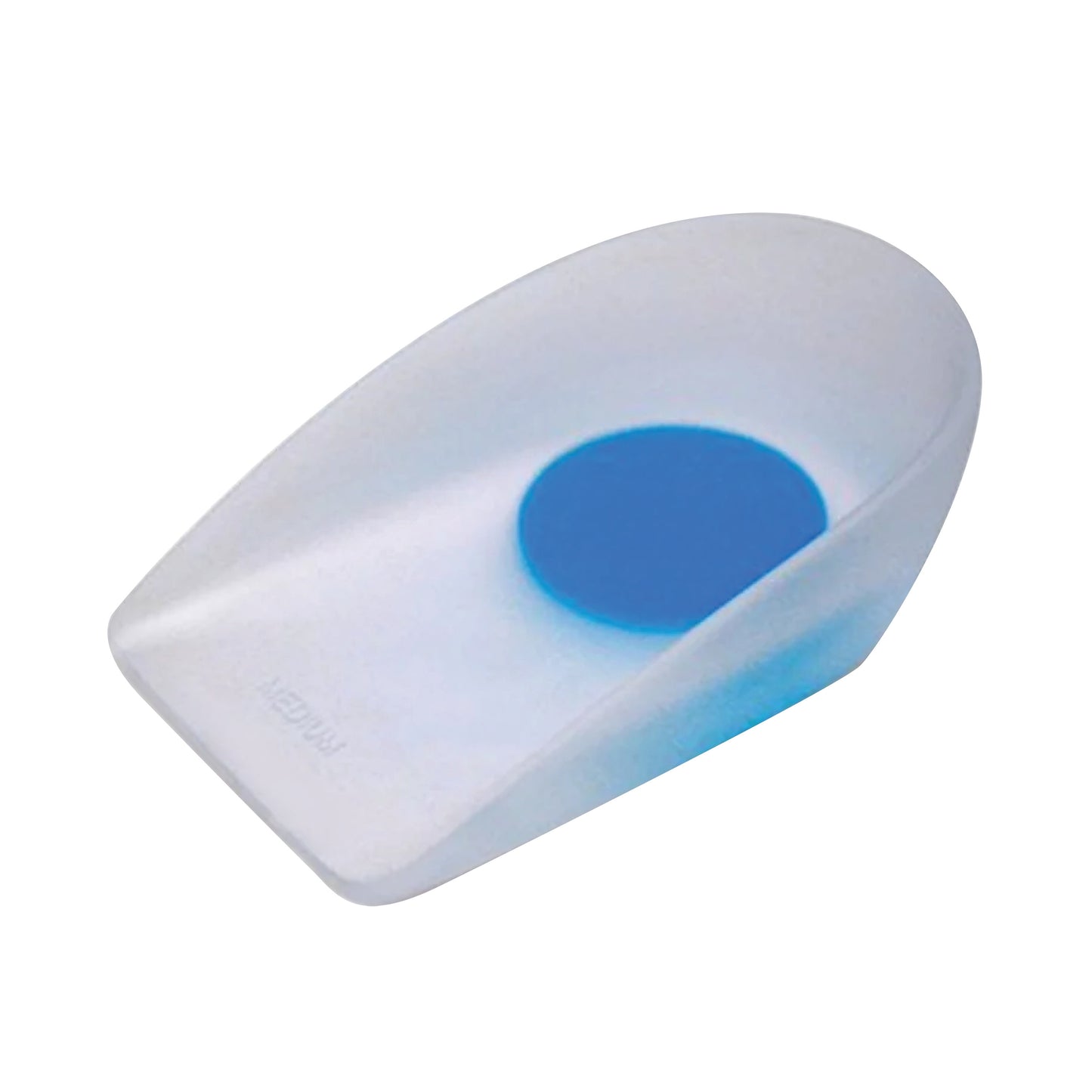 PediFix Visco-GEL Medium-Recovery Soft Spur Spot Heel Cup, a translucent heel insert with a blue spot, used for foot support and comfort.