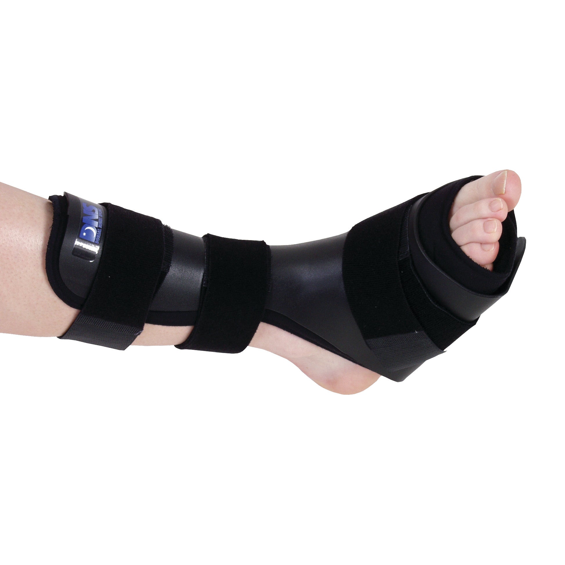 A foot wearing the Active Ankle DNS Dorsal Night Splint with black straps for support, designed to help with foot positioning during sleep.