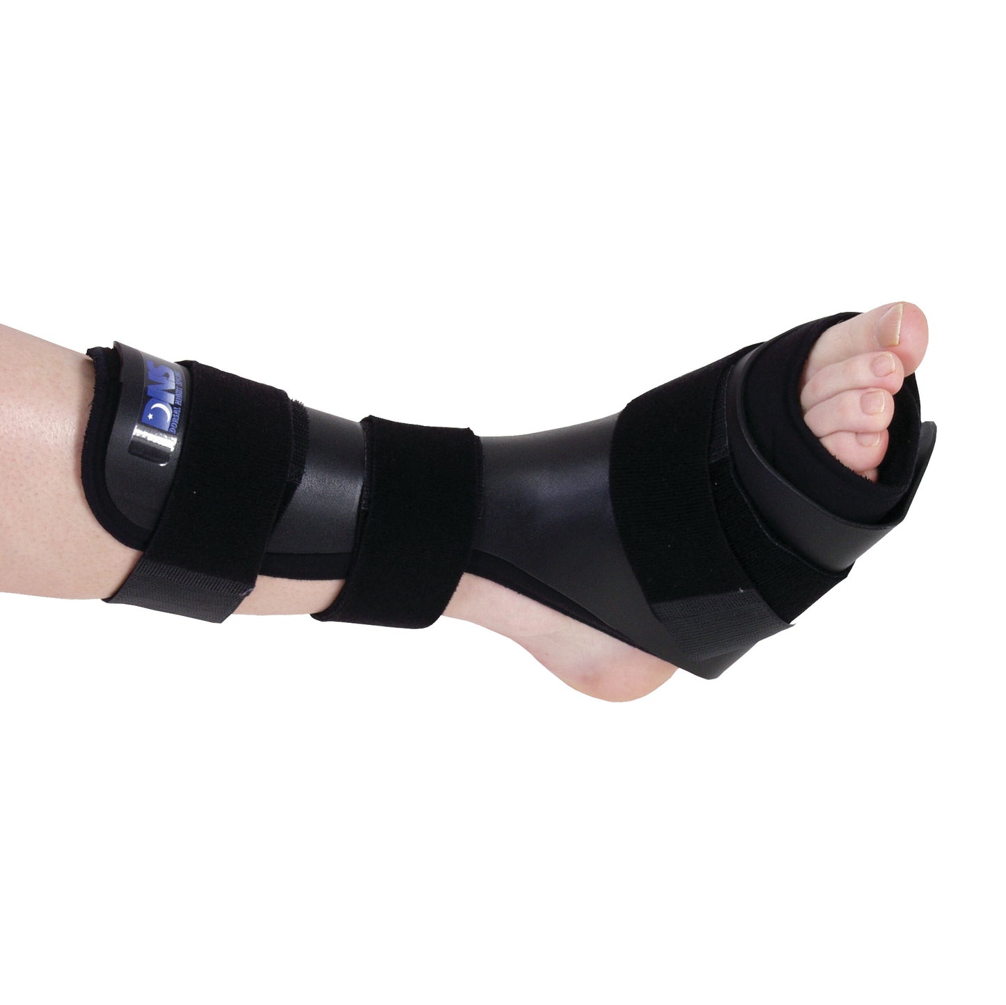 A foot wearing the Active Ankle DNS Dorsal Night Splint with black straps for support, designed to help with foot positioning during sleep.