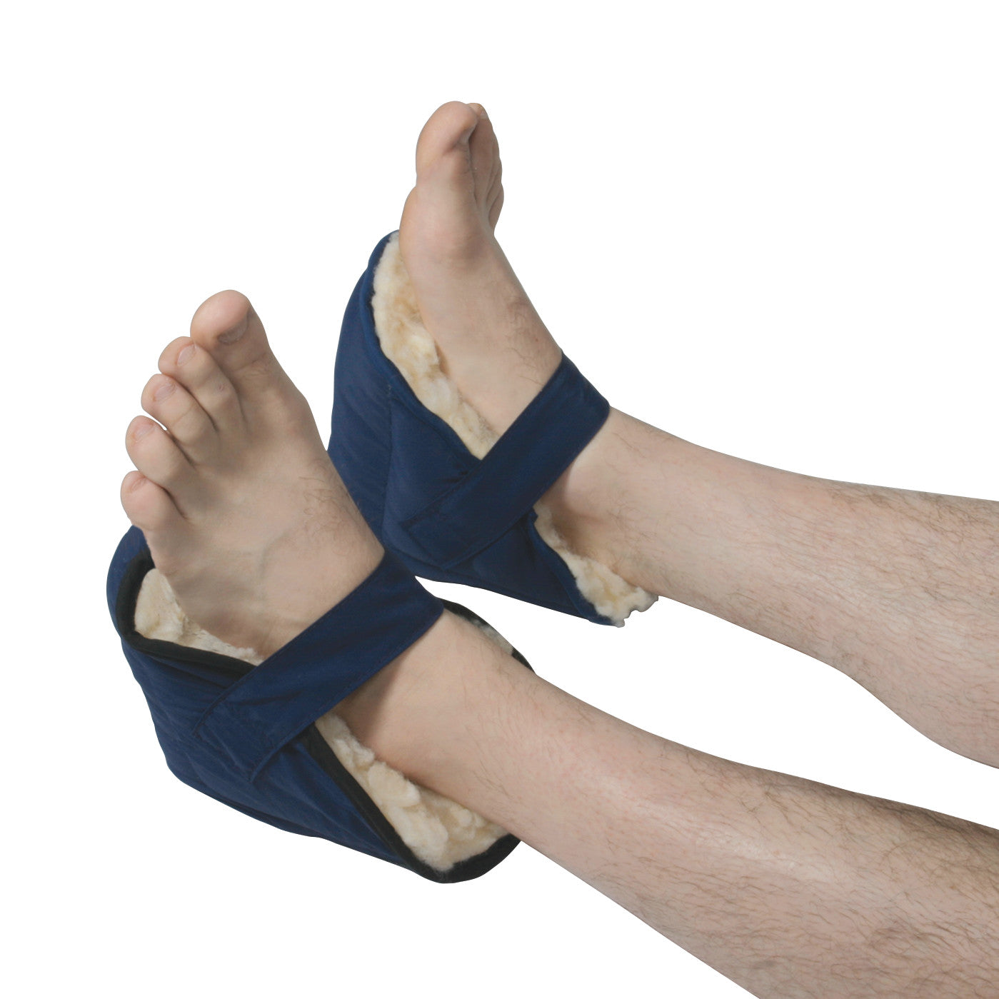 Two feet are wrapped in AliMed Fleece Heel Cups with blue fabric and soft fleece lining, secured with adjustable straps.