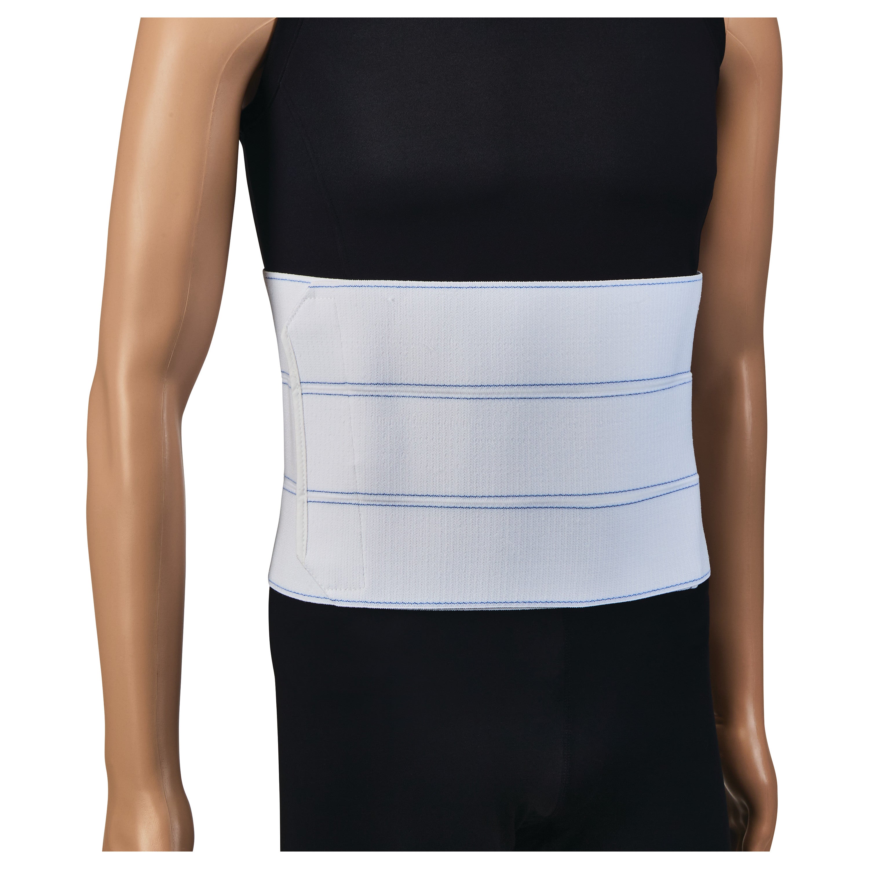 A mannequin wears the AliMed Three-Panel Abdominal Support. It's a white band with blue stitching, covering the midsection.