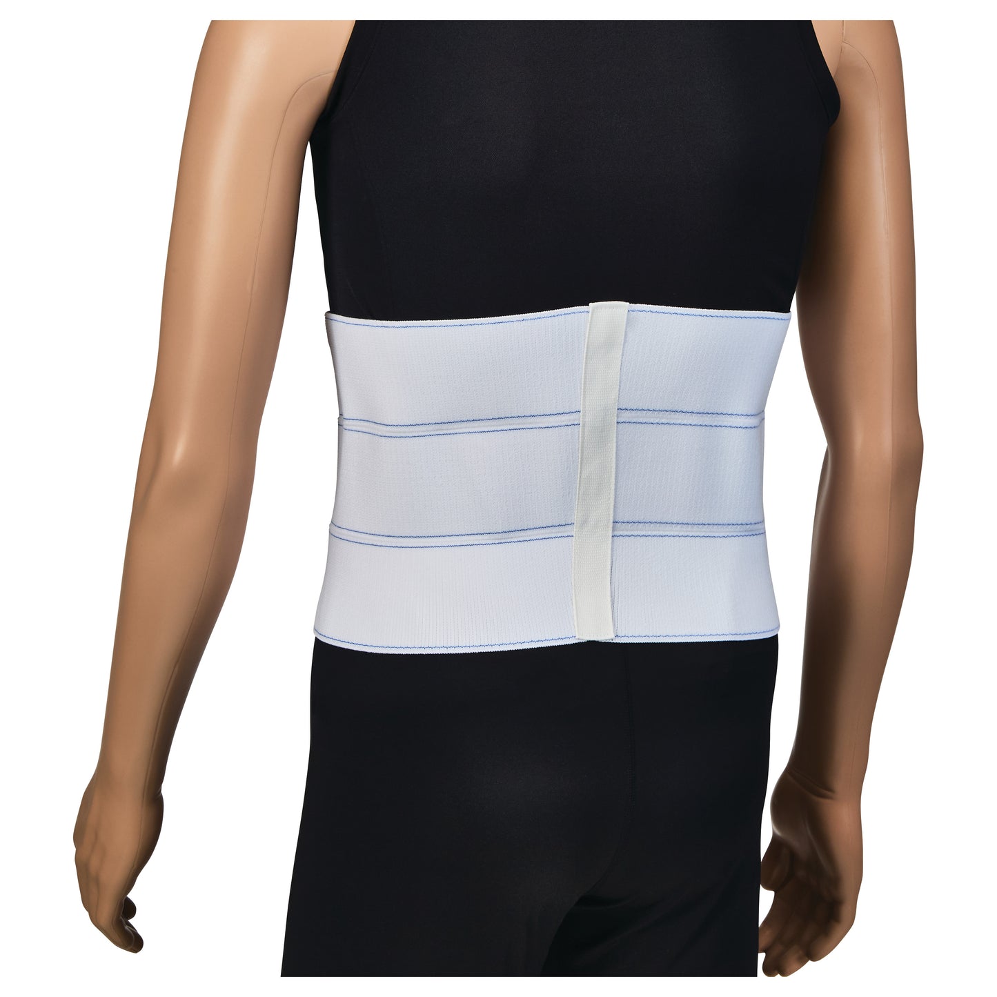 A mannequin wearing an AliMed Three-Panel Abdominal Support with blue stitching and a front closure, over a black outfit.