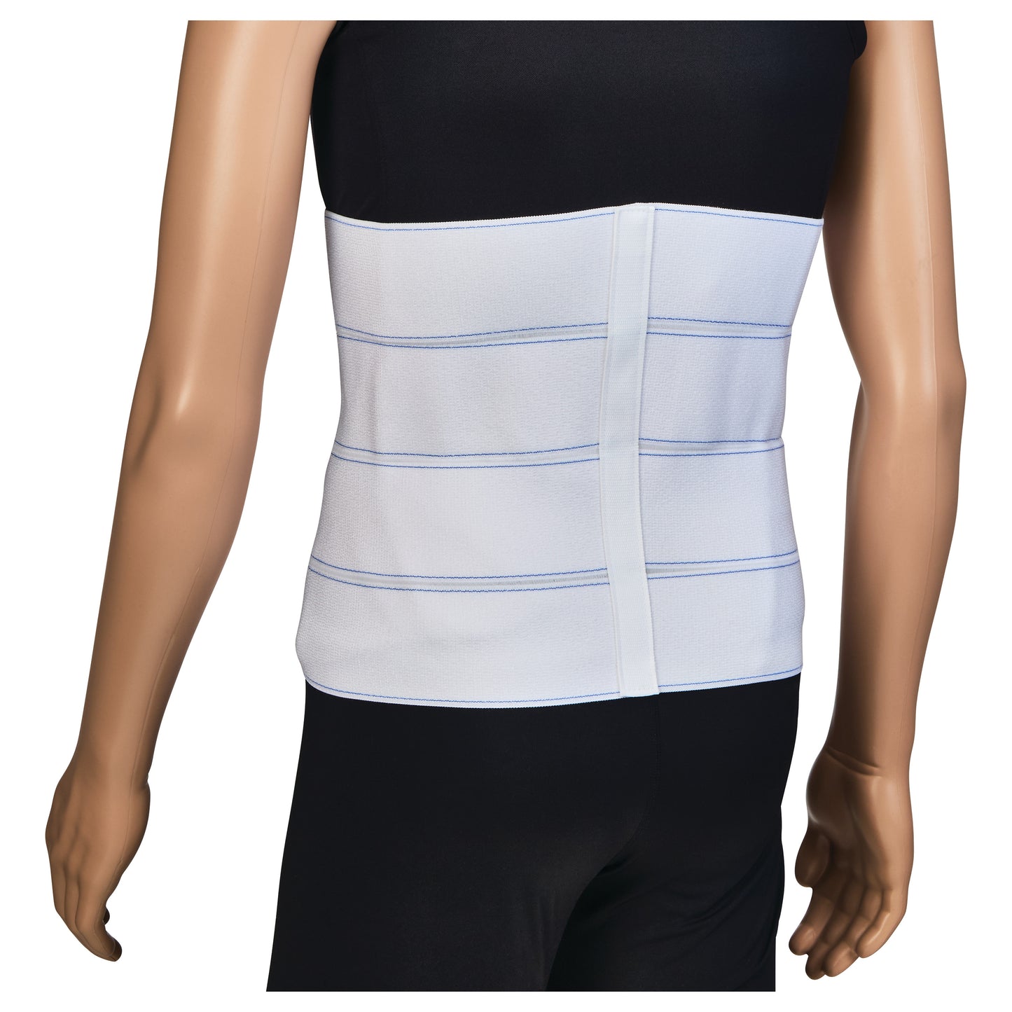 A mannequin wears the AliMed Four-Panel Abdominal Support, a white wrap with horizontal blue lines, on its torso.