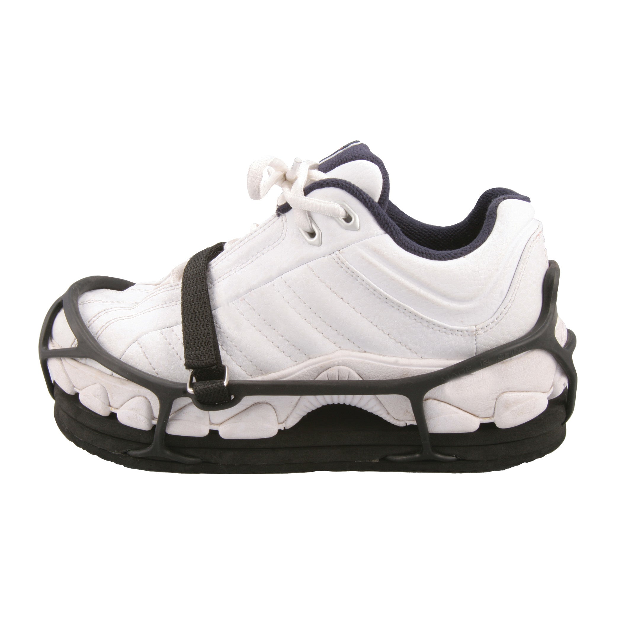 A white sneaker equipped with an EVENup Orthotic Shoe Lift Pro Pack, featuring a black adjustable strap and sole lift.