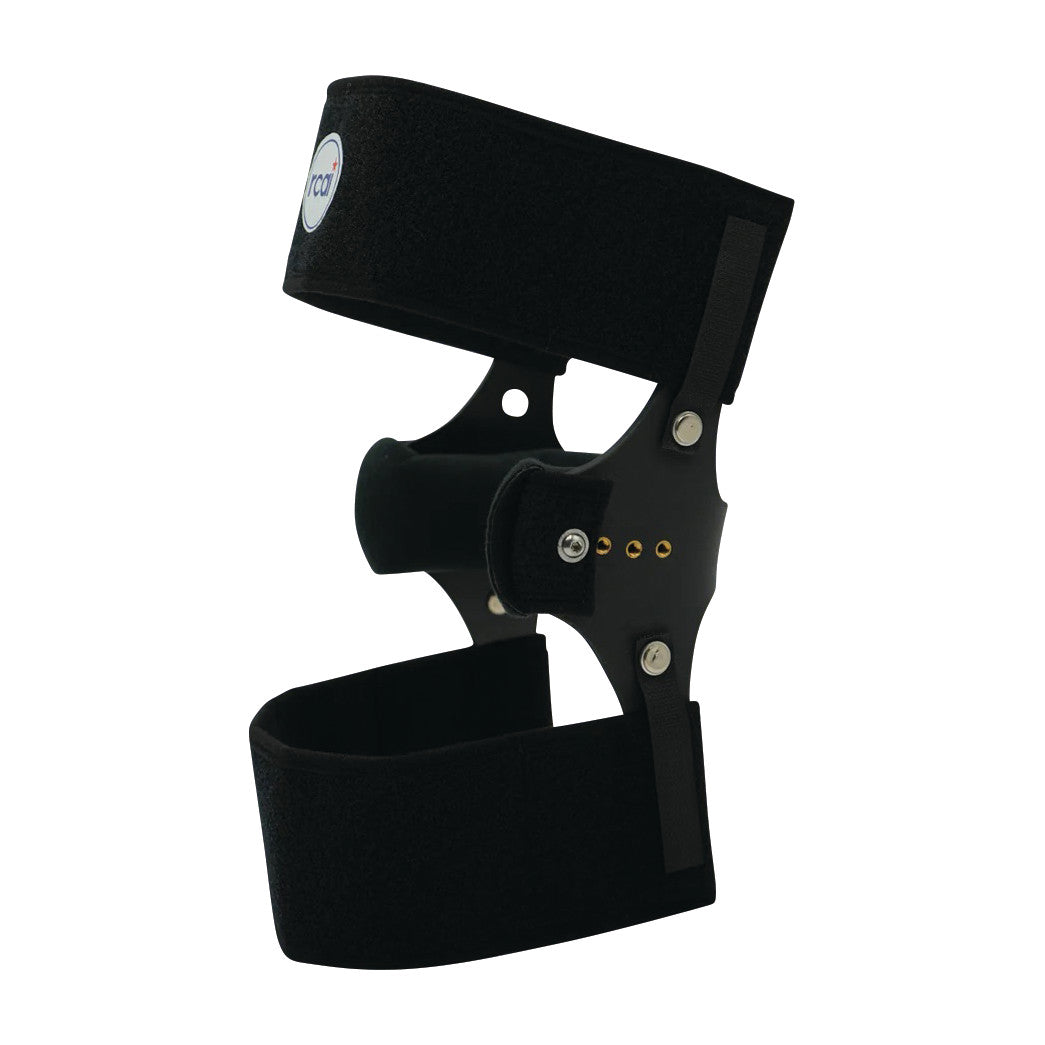The image shows an RCAI Knee Cage Orthosis, featuring adjustable black straps and metal components for knee support or rehabilitation.