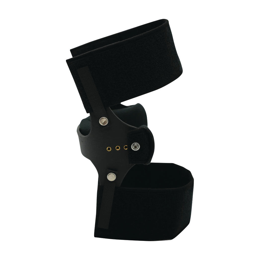 The RCAI Knee Cage Orthosis is a black knee brace with adjustable straps and metallic rivets for stabilization and support.