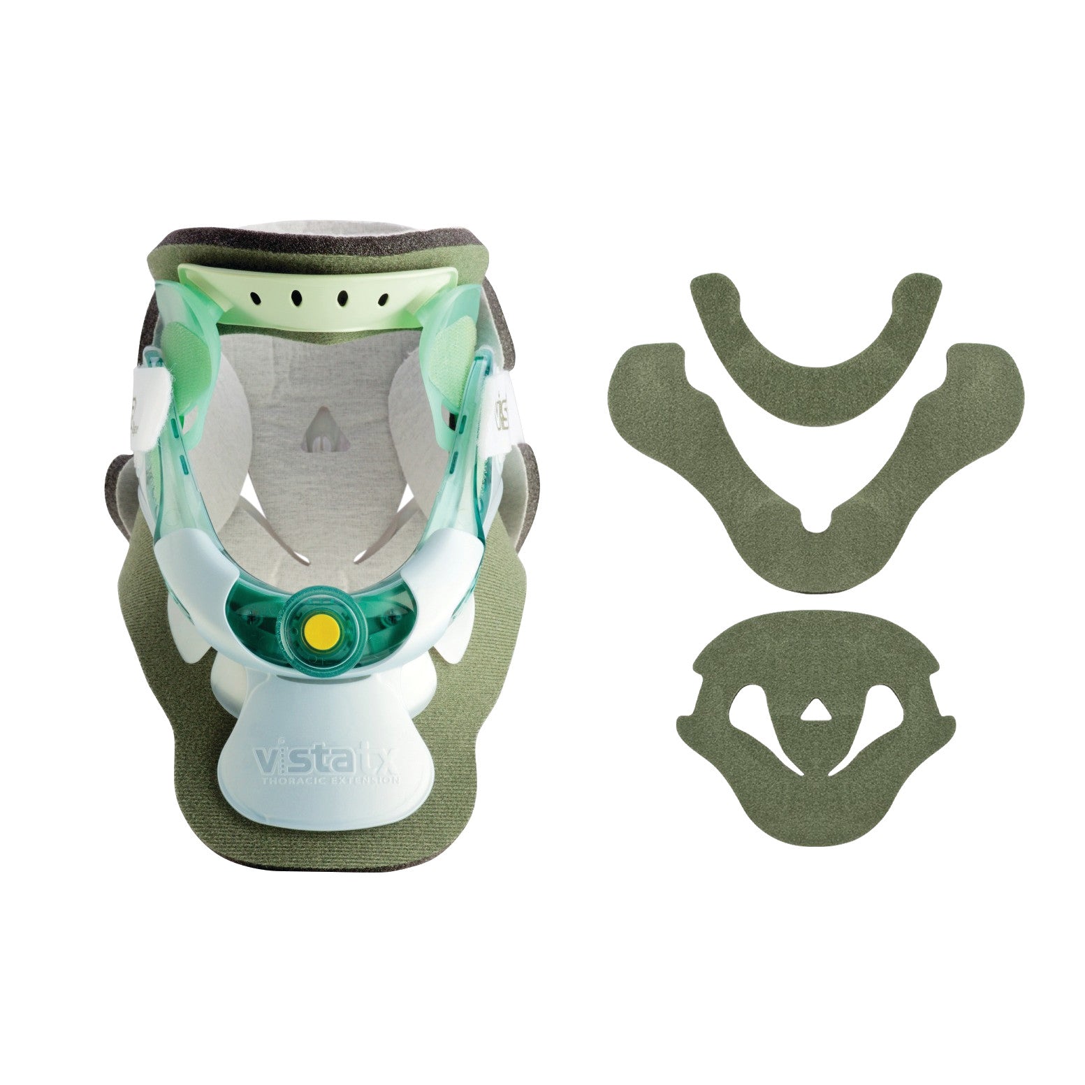 Aspen Vista TX Cervical Collar Set with foam inserts, featuring green and white adjustable components for neck support.